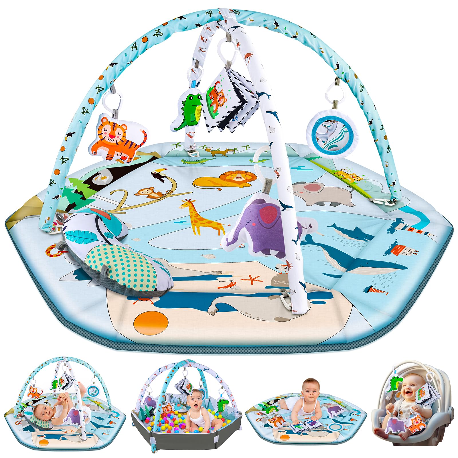 VZO 2-in-1 Baby Gym Play Mat & Ball Pit - Infant Activity Center for Tummy Time, Crawling & Learning | Soft Play Mat for Babies 0-12 Months | Perfect Nursery, Living Room & Daycare Floor Mat for Newborns, Infants & Toddlers
