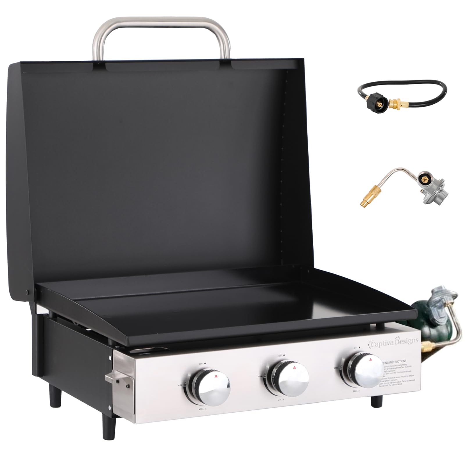 GREEN PARTY 22 Inch Portable Tabletop Griddle with Hood - Ceramic Coated Cast Iron Plate, 3 Burner Flat Top Grill for Outdoor Cooking, BBQ, Camping & Tailgating | Perfect for Backyard Parties, Picnics & RV Trips