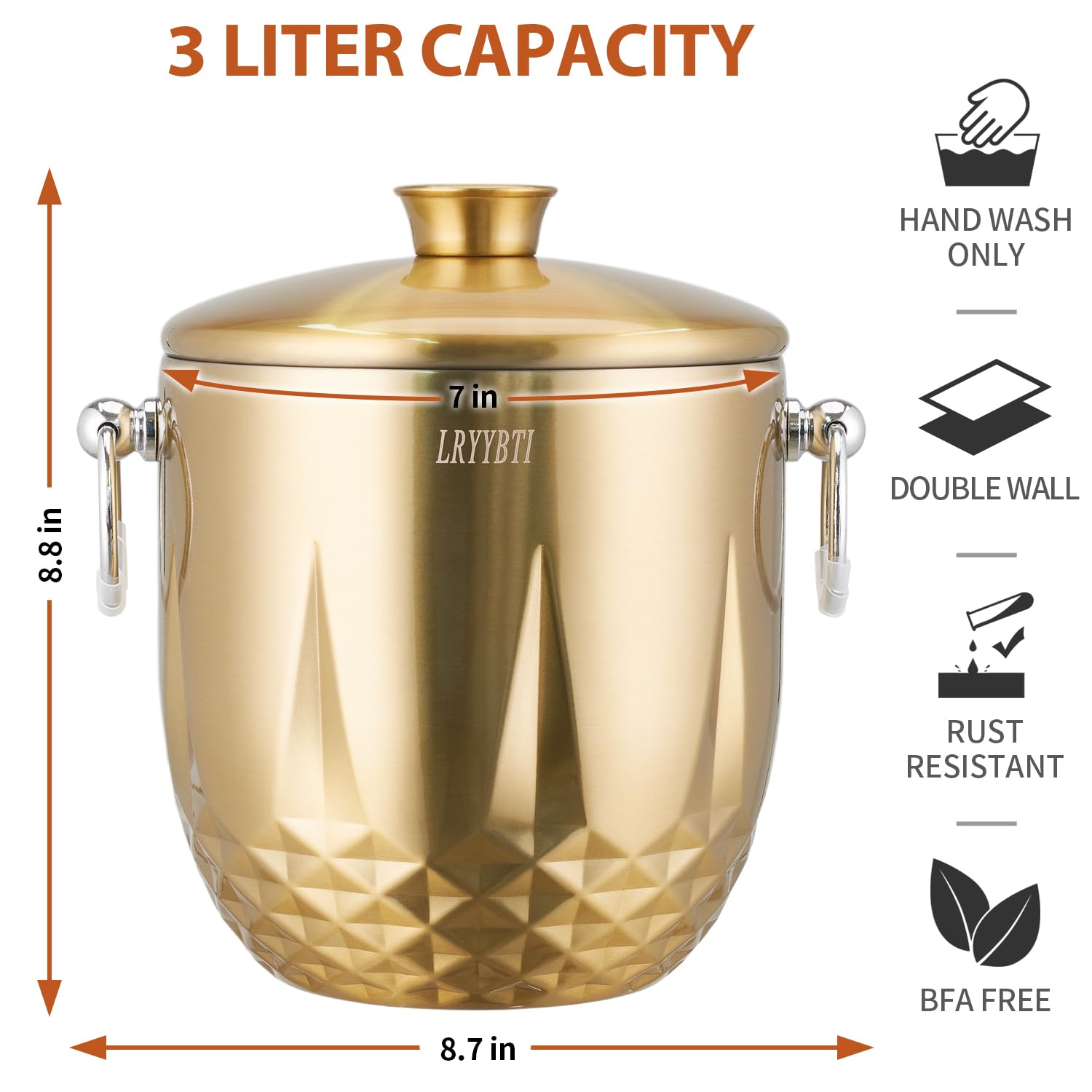 Premium 3L Double Wall Stainless Steel Ice Bucket with Lid - Insulated Ice Bucket Keeps Ice Frozen Longer - Includes Stainless Steel Tong & Strainer - Perfect for Parties, Cocktails, Wine, Champagne, Bars & Home Entertaining - Elegant Gold Finish for Weddings & Special Events