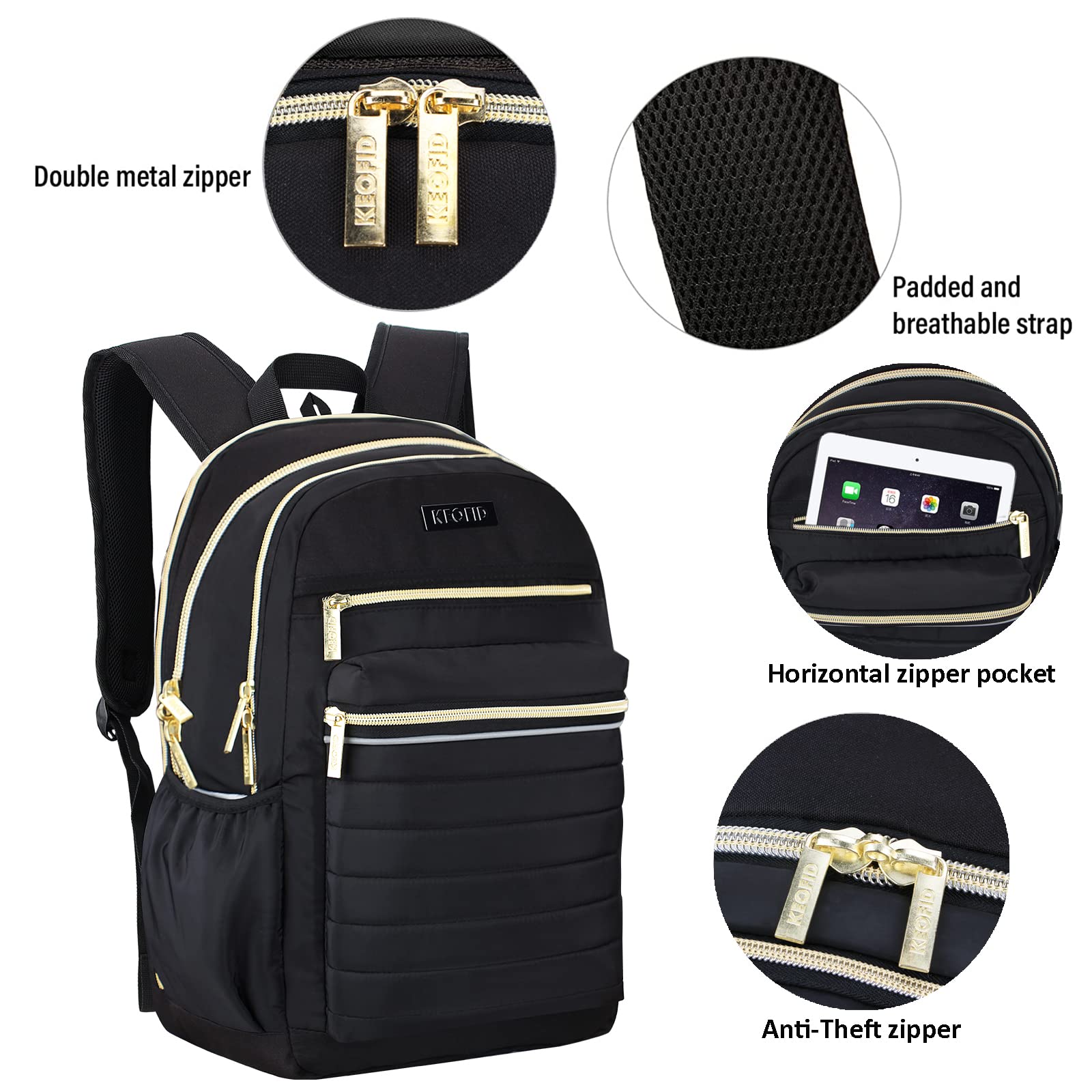 KEOFID Anti-Theft Travel Backpack for Men & Women - Stylish College Backpack with RFID Protection (Black & Gold) | Perfect for Commuting, School & Business Travel