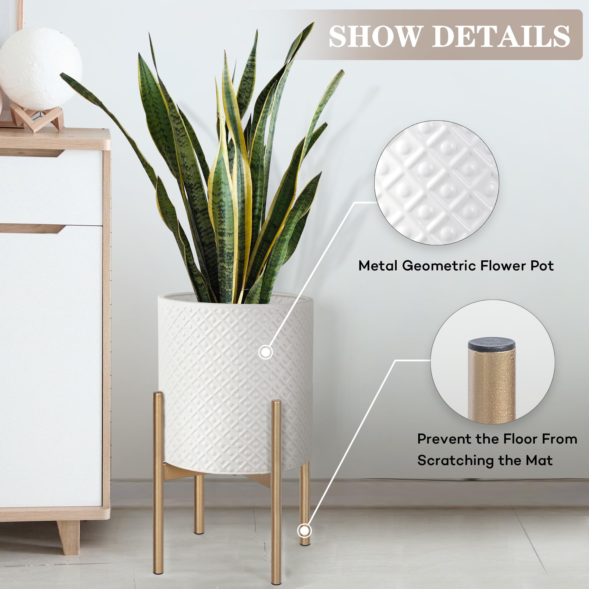 Oakrain Mid Century Modern Planters - Set of 2 Metal Indoor Plant Pots with Gold Stands (10