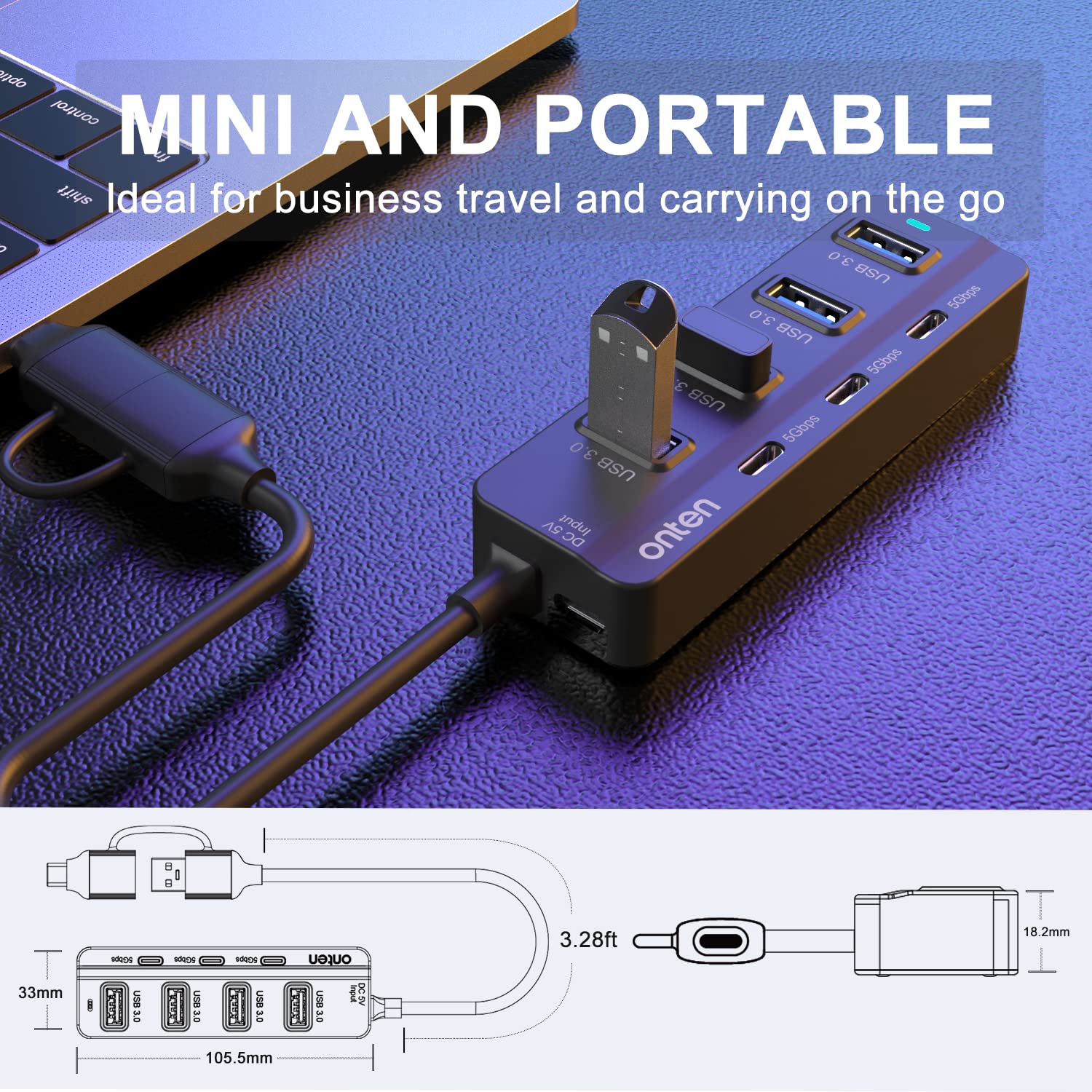 7-in-1 USB C Hub with 4 USB 3.0 Ports & 3 USB-C Ports | Thunderbolt 3/4 Compatible | 3.2ft Cable | for MacBook, Surface Pro & USB-C Devices | Perfect for Home Office, Travel & Multi-Device Charging