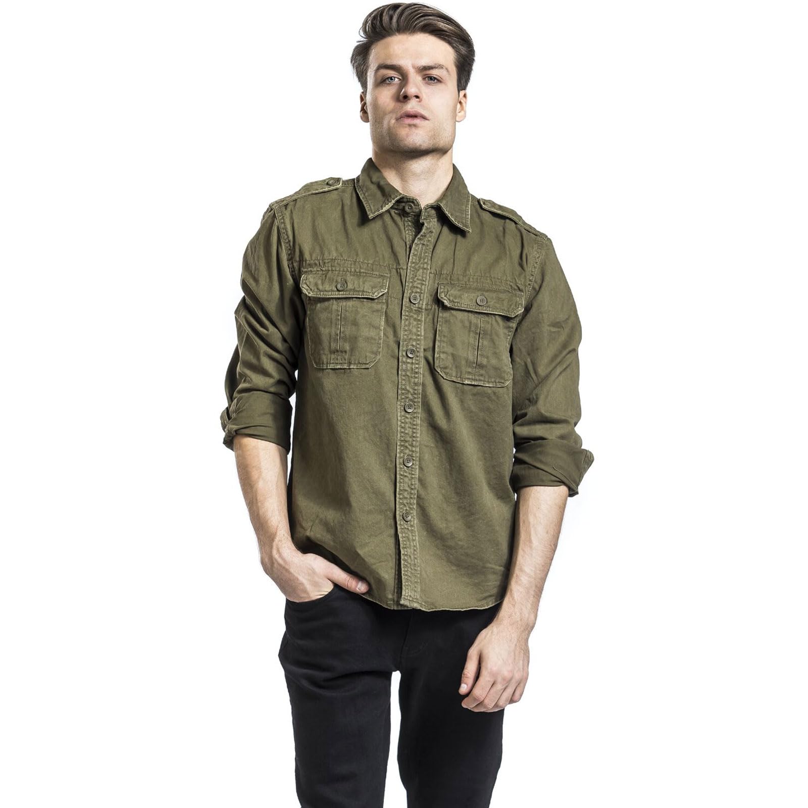 Men's Rugged Cotton Breathable Casual Button Down Long Sleeve Shirt with Raw Edges & Shoulder Boards | Durable Workwear & Outdoor Adventure Shirt for Hiking, Camping and Everyday Wear
