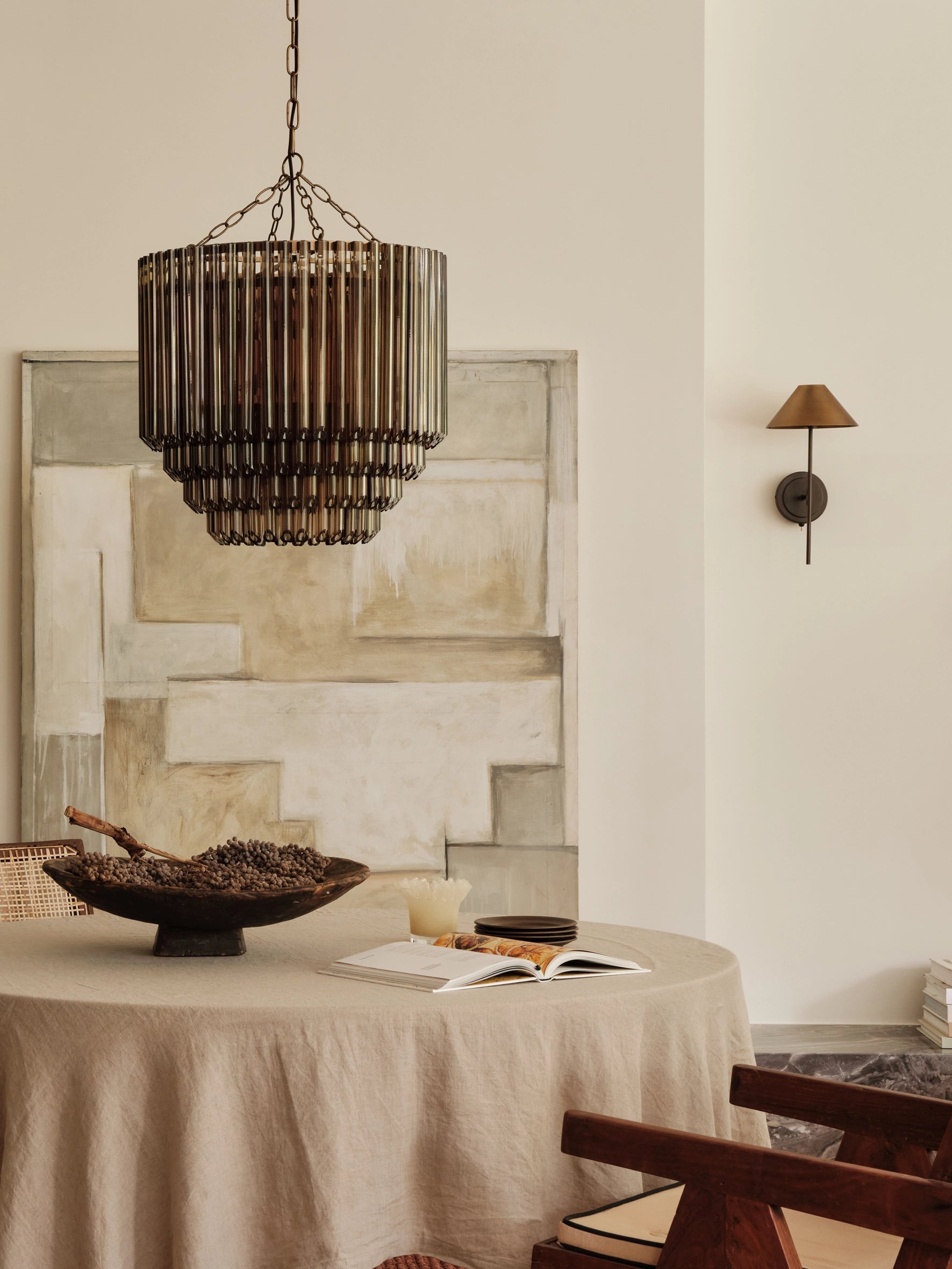 Petalia 9-Light Aged Brass and Smoked Green Glass Tube Chandelier - Elegant Dining Room Lighting for Farmhouse & Modern Decor