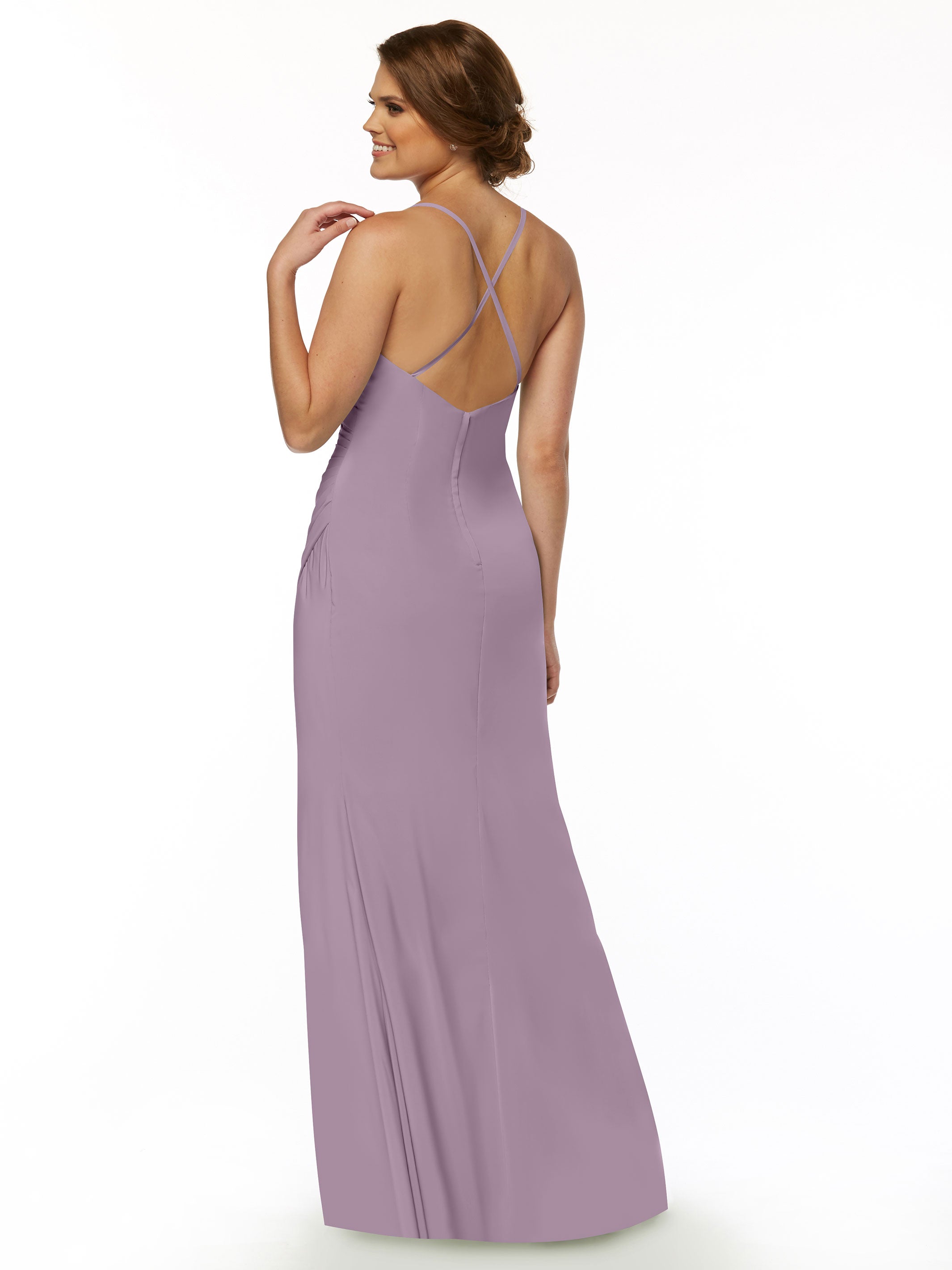 Elegant 80114 Stretch Chiffon Sheath Bridesmaid Dress with Ruching and High Slit - Perfect for Weddings, Formal Events & Evening Parties