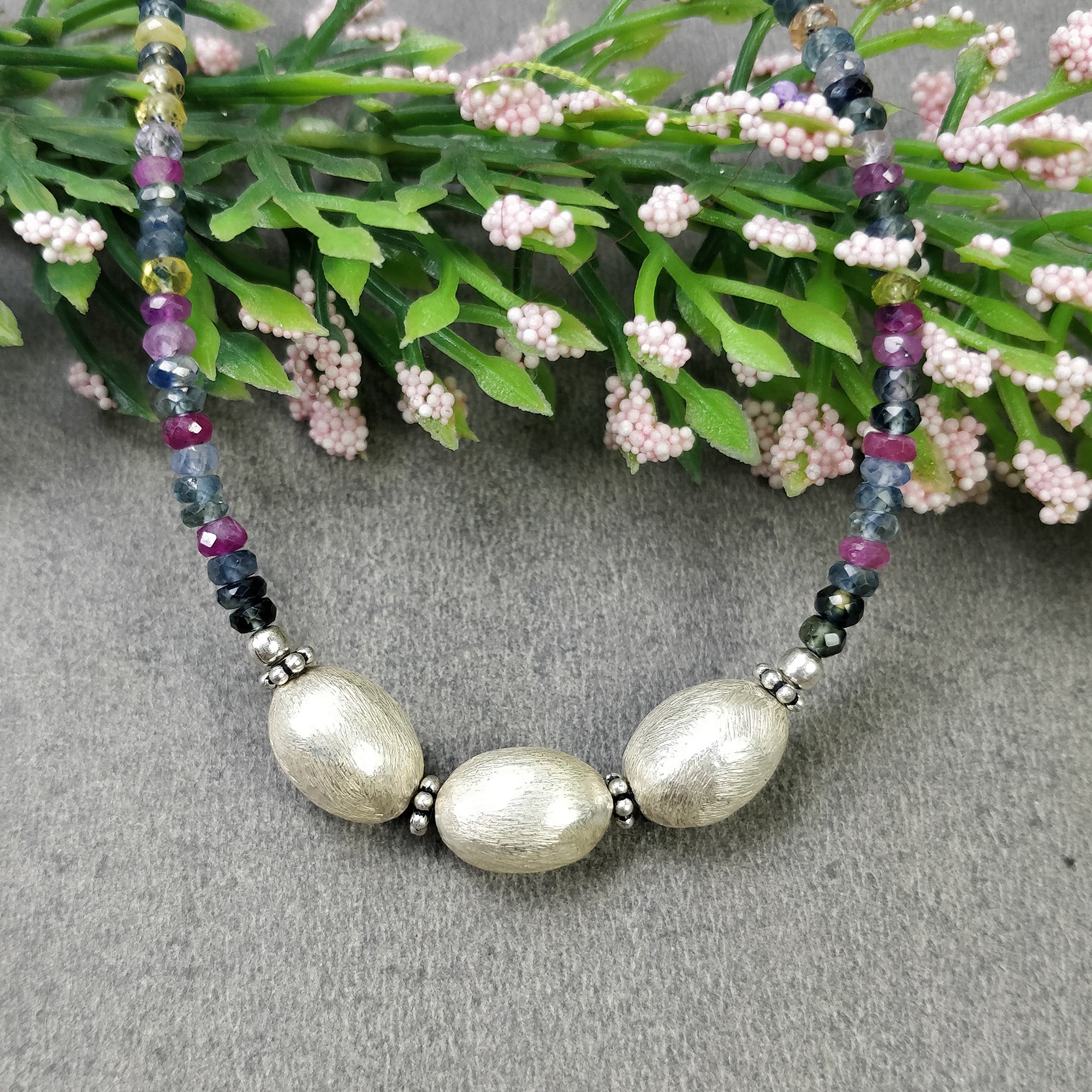 Natural Multi Sapphire Beaded Necklace for Women - 925 Sterling Silver Pendant Chain with Gemstone Beads - Elegant Jewelry Gift (18.5