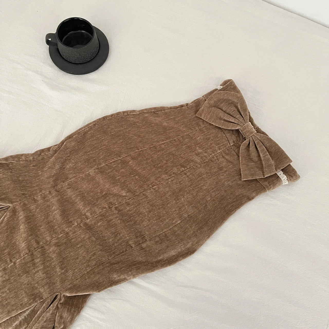 Women's Autumn Winter Fashion Outfit - Beige Patchwork Lace Long Sleeve Off Shoulder Top & Brown High Waist Pleated Skirt 2-Piece Set | Casual Date Night, Office Wear, Holiday Party Outfit