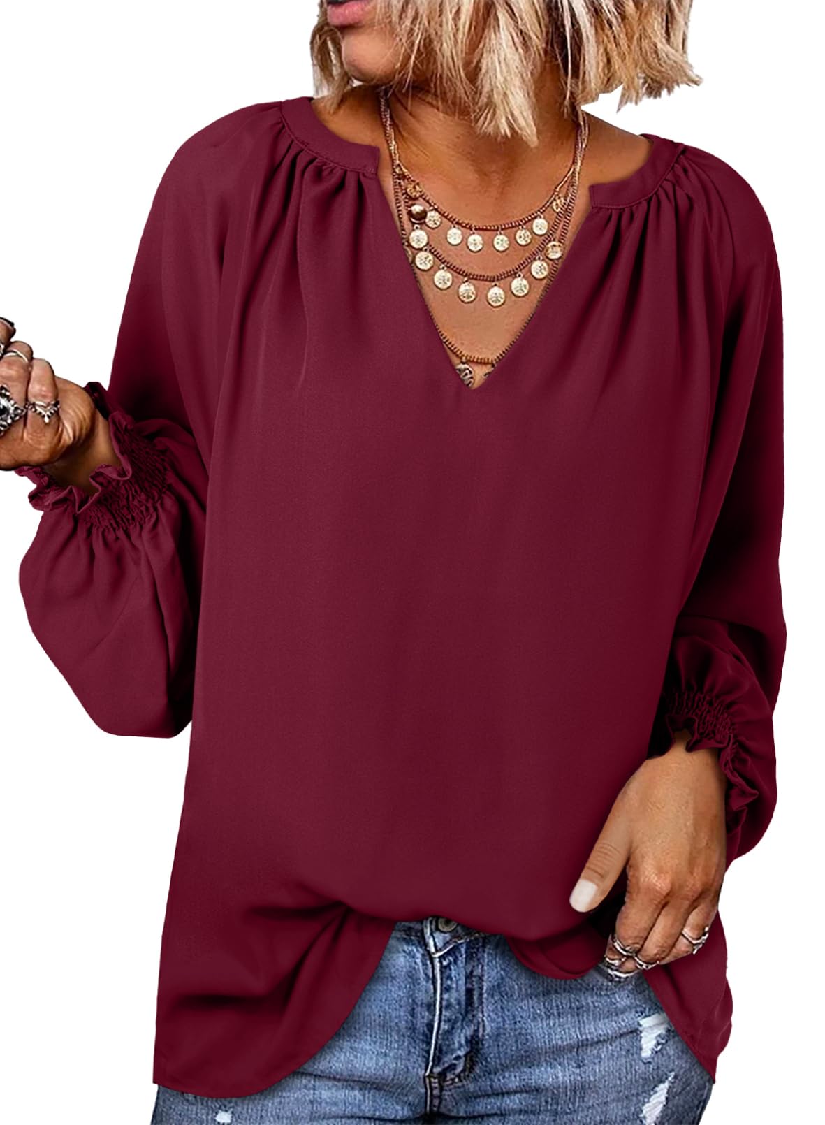 Dokotoo Women's Long Sleeve V-Neck Blouse - Business Casual Tops for Spring & Summer 2025 | Office Wear, Date Night & Weekend Outfits