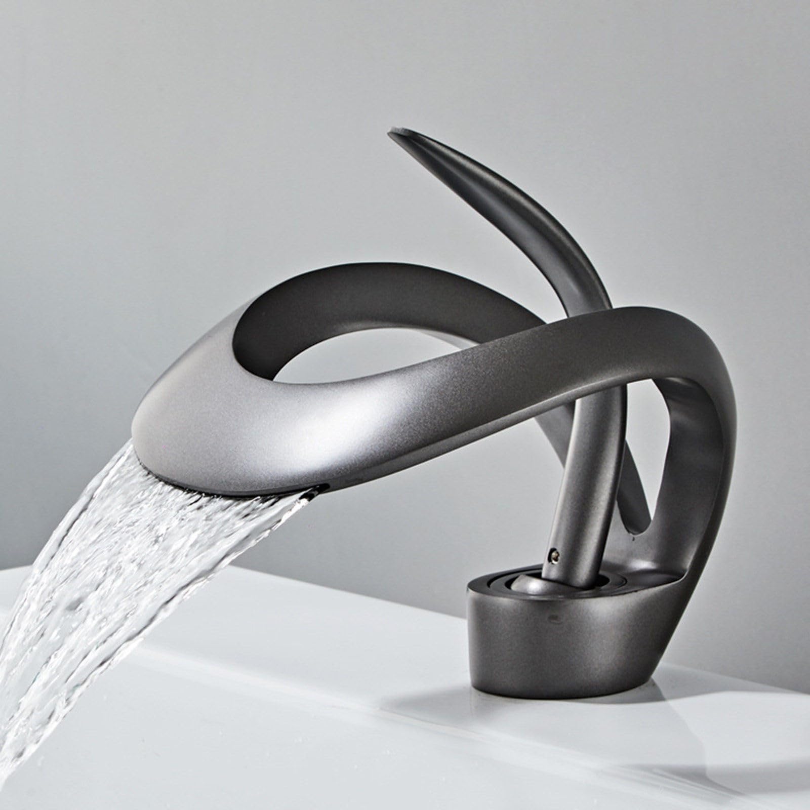 Modern Gun Gray Single Handle Waterfall Bathroom Sink Taps - Deck Mount Brass Basin Mixer Tap for Bathroom, Kitchen & Bathtub - Perfect for Contemporary Home Decor & Spa-Inspired Bathrooms