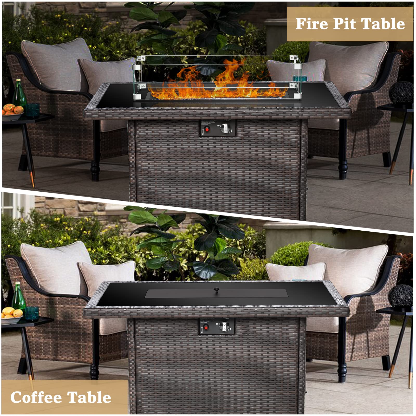 44 Inch 55000 BTU Outdoor Propane Fire Pit Table with Glass Wind Guard - Rectangular Patio Heater for Deck, Backyard, Garden (Brown Glass Top) | Perfect for Outdoor Entertaining, Camping & Cozy Nights