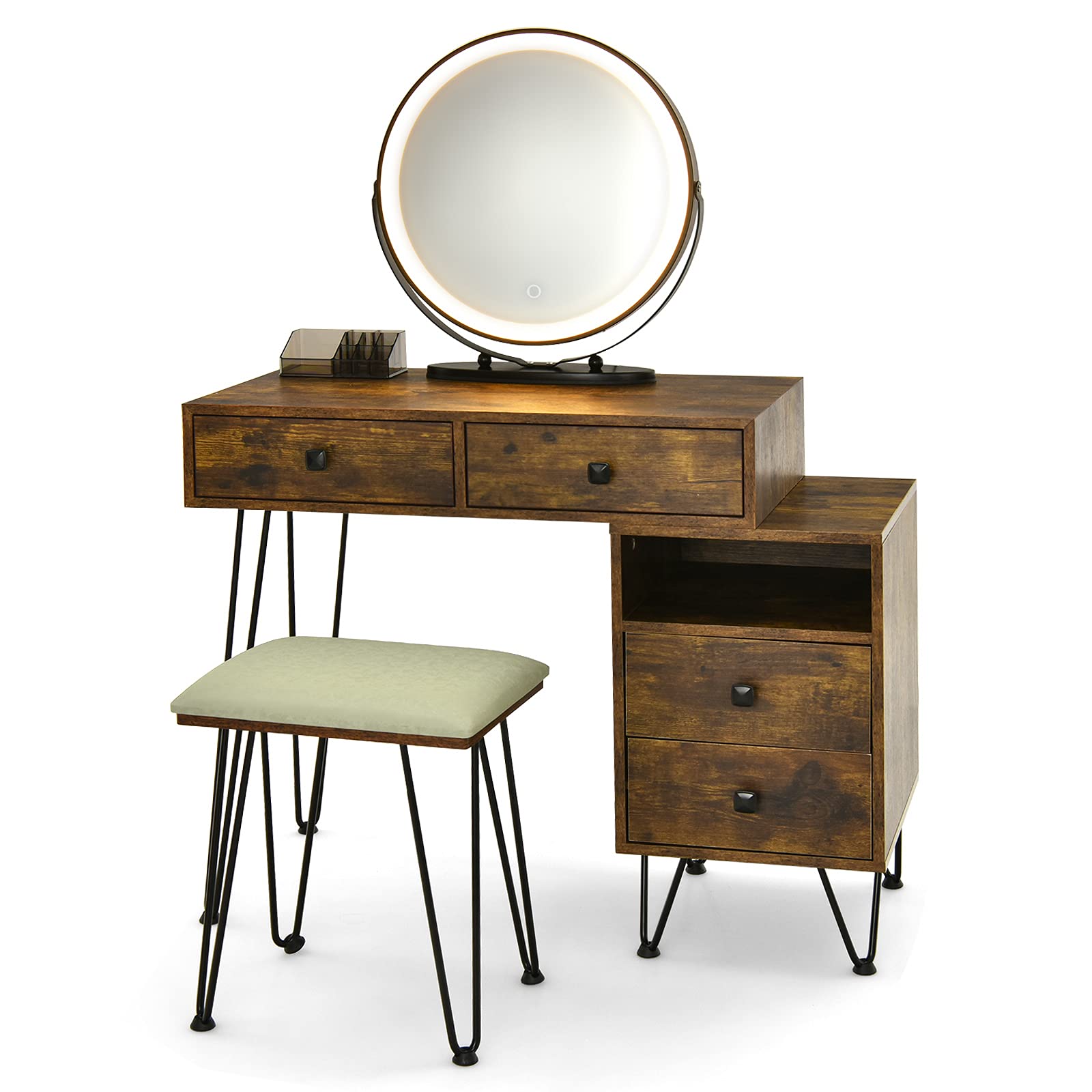 CHARMAID Vanity Desk with Reversible Side Cabinet - Makeup Dressing Table with LED Mirror (3 Color Lights), 4 Drawers, Nightstand & Stool - Rustic Brown - Perfect for Bedroom, Dressing Room & Beauty Salon