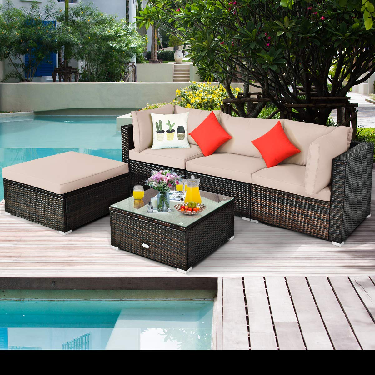 **HAPPYGRILL 5-Piece Patio Conversation Set - Outdoor Rattan Wicker Furniture with Sectional Sofa, Ottoman, Coffee Table, Cushions & Pillows - Perfect for Garden, Lawn, Balcony, Backyard & Poolside Relaxation**