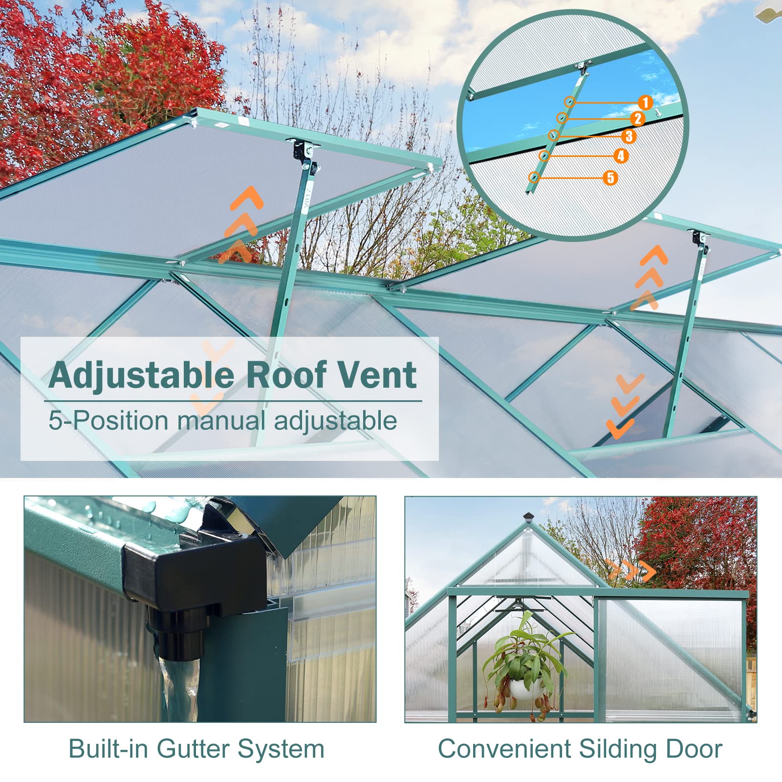 6.2x10.2 FT Heavy Duty Walk-In Greenhouse - Polycarbonate Panels & Aluminum Frame with 2 Vent Windows & Lockable Door - Perfect for Outdoor Gardening, Backyard Plant Nursery & Year-Round Growing