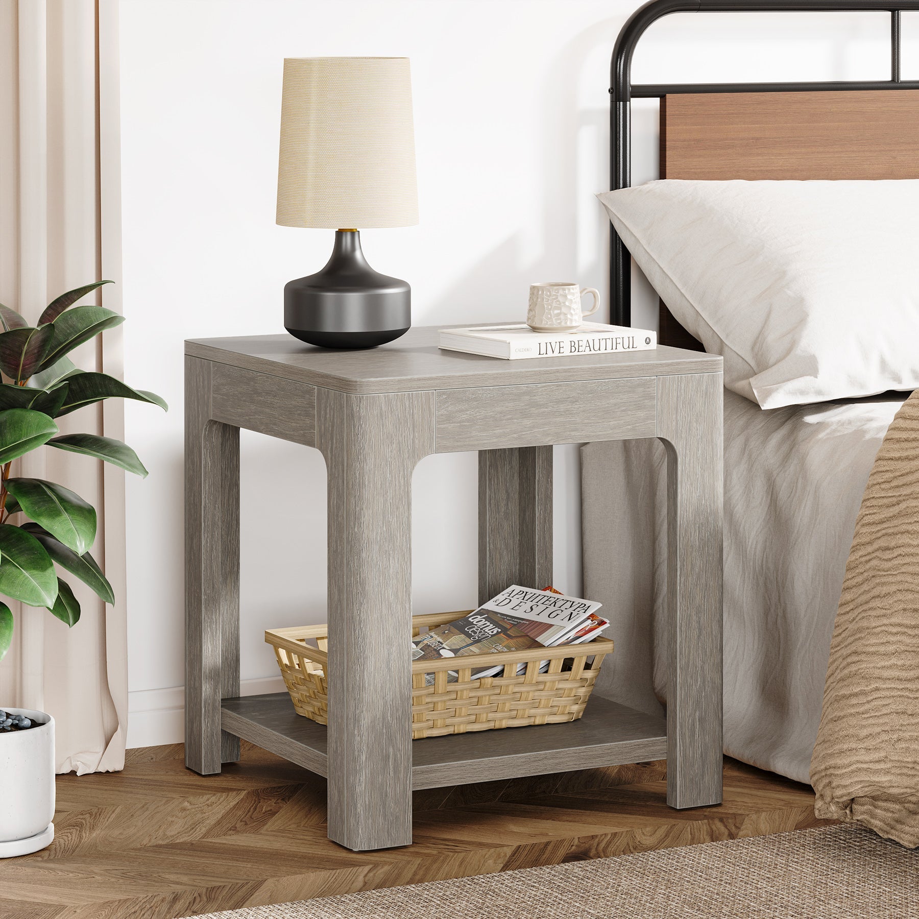 21.6 Inch 2-Tier Square End Table with Storage Shelf - Modern Nightstand for Bedroom, Living Room & Office - Sturdy Side Table for Small Spaces, Home Decor & Organization