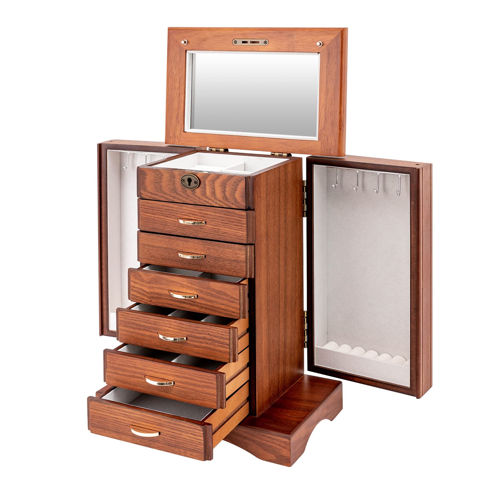 7-Layer Wooden Jewelry Organizer Box for Women - Large Rustic Storage with Drawers & Mirror for Necklaces, Earrings, Rings & Bracelets - Perfect for Bedroom, Dressing Table & Living Room Decor (Walnut)