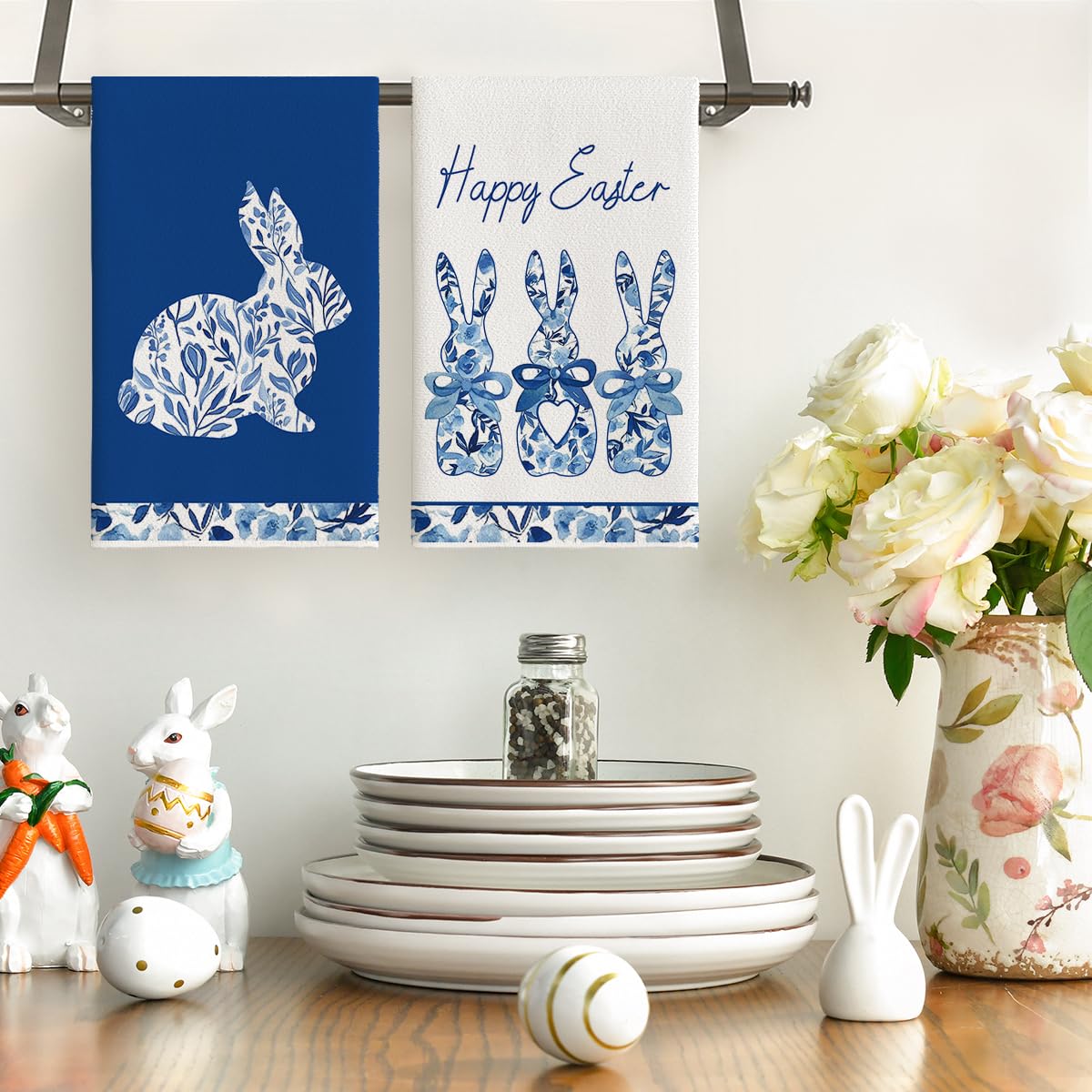 Blue Rabbits Bunny Bow Easter Kitchen Towels Set of 4 - 18x26 Inch Farmhouse Style Dish Towels for Spring Decor, Holiday & Farmhouse Kitchen Use - Perfect for Easter, Farmhouse Decor & Daily Dish Drying