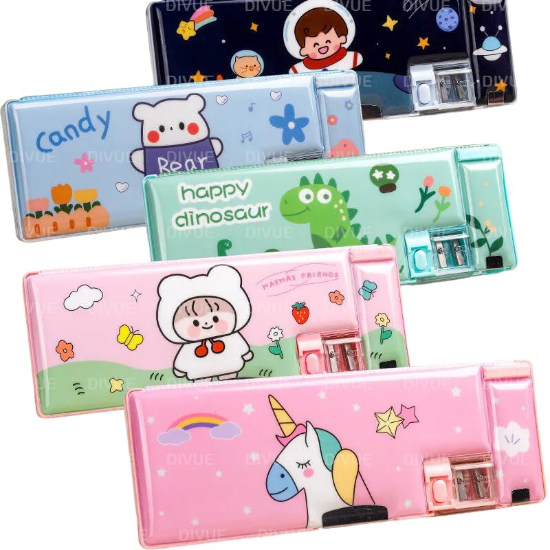 Multifunctional Kids Pencil Case with 2 Compartments & Press Buttons - Cartoon Design School Supplies for Boys & Girls - Perfect for Classroom, Homework & Office Organization (Blue)