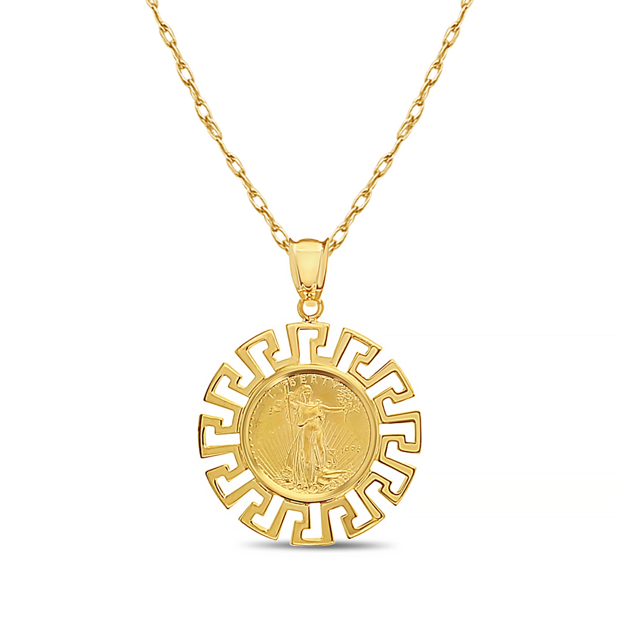14k Yellow Gold Greek Key Bezel 1/10 oz Lady Liberty Pendant Necklace - Elegant Jewelry Gift for Women, Perfect for Weddings, Anniversaries & Special Occasions