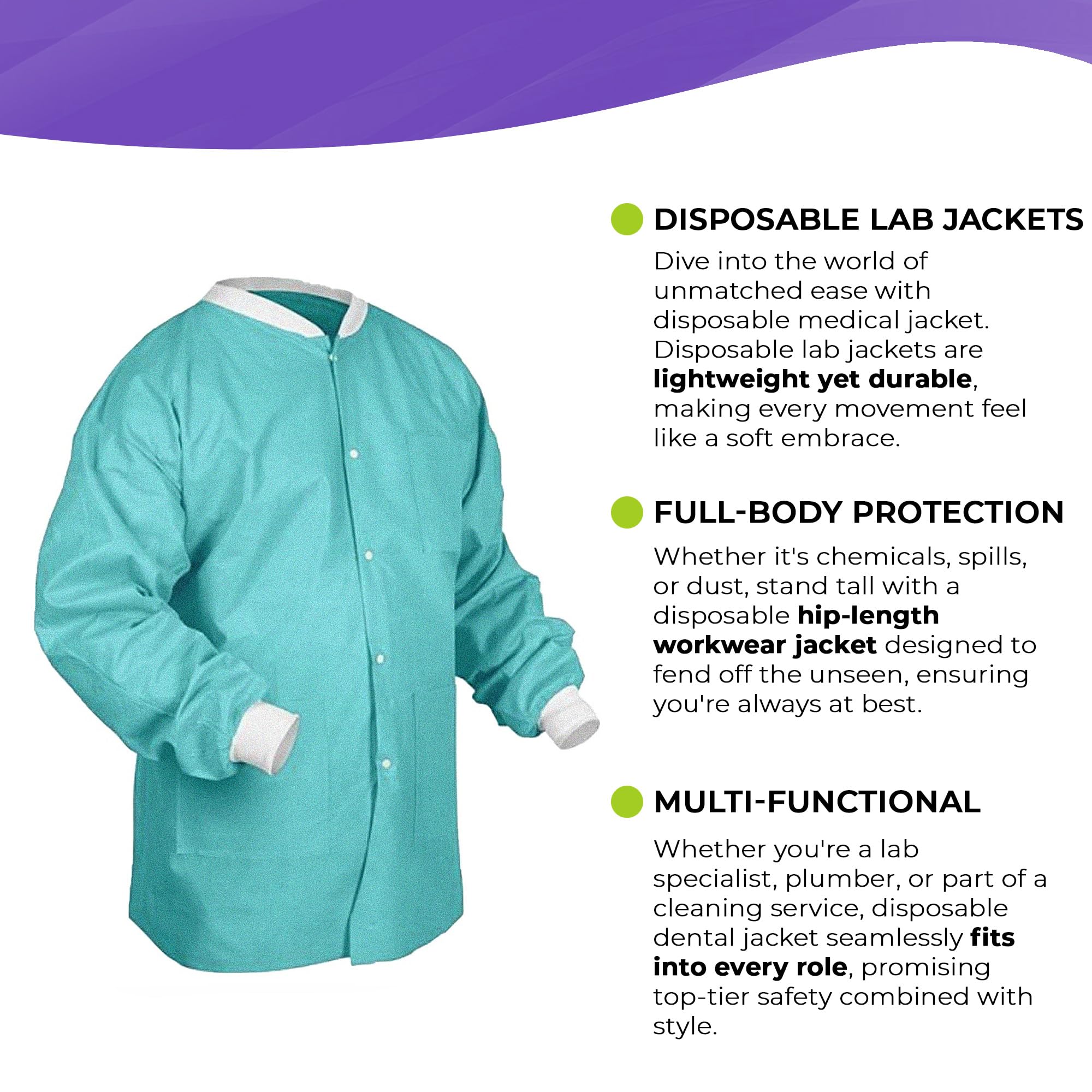 AMZ Medical Supply Teal Disposable Lab Coats with Pockets - Small (Pack of 50) | 45 GSM SMS Dental Jackets | Hip-Length Snap Front Design with Knit Cuffs & Collar | 3 Functional Pockets | Ideal for Dental Clinics, Laboratories & Healthcare Settings
