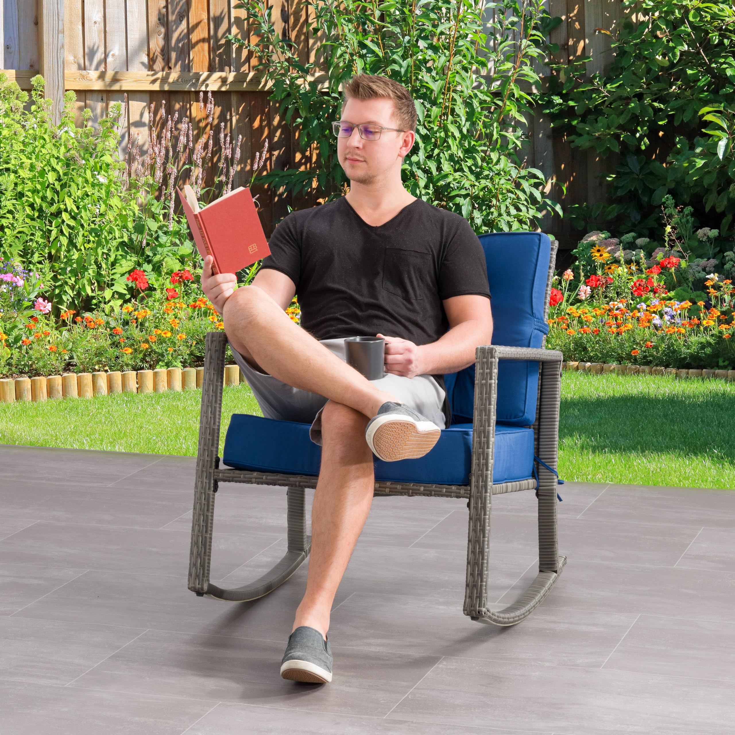 CorLiving Parksville Gray Wicker Rattan Patio Rocking Chair with Blue Cushions - Outdoor Furniture for Porch, Garden & Backyard Relaxation