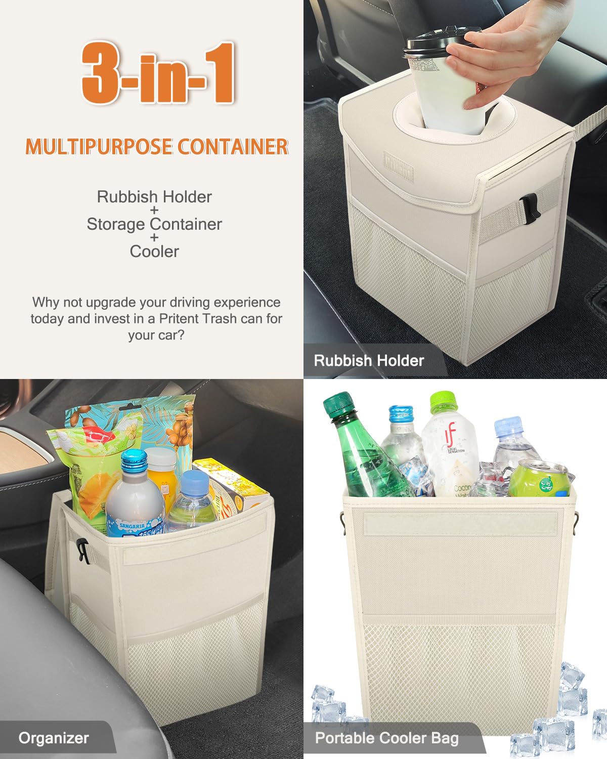Leakproof Car Trash Can with Lid - Hanging Vehicle Garbage Bin Organizer for Front/Back Seat, Portable Automotive Trash Bag (Trapezoid, Beige) - Perfect for Road Trips, Commuting & Keeping Your Car Clean