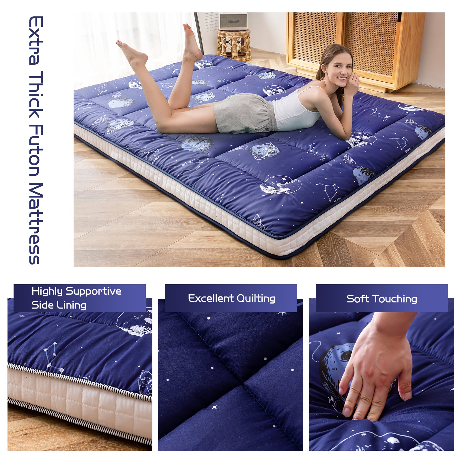 MAXYOYO Padded Japanese Floor Mattress - Navy Space Adventure Design | Foldable Futon for Bedroom, Guest Room & Camping | Comfortable Floor Sleeping Mat for Adults & Kids