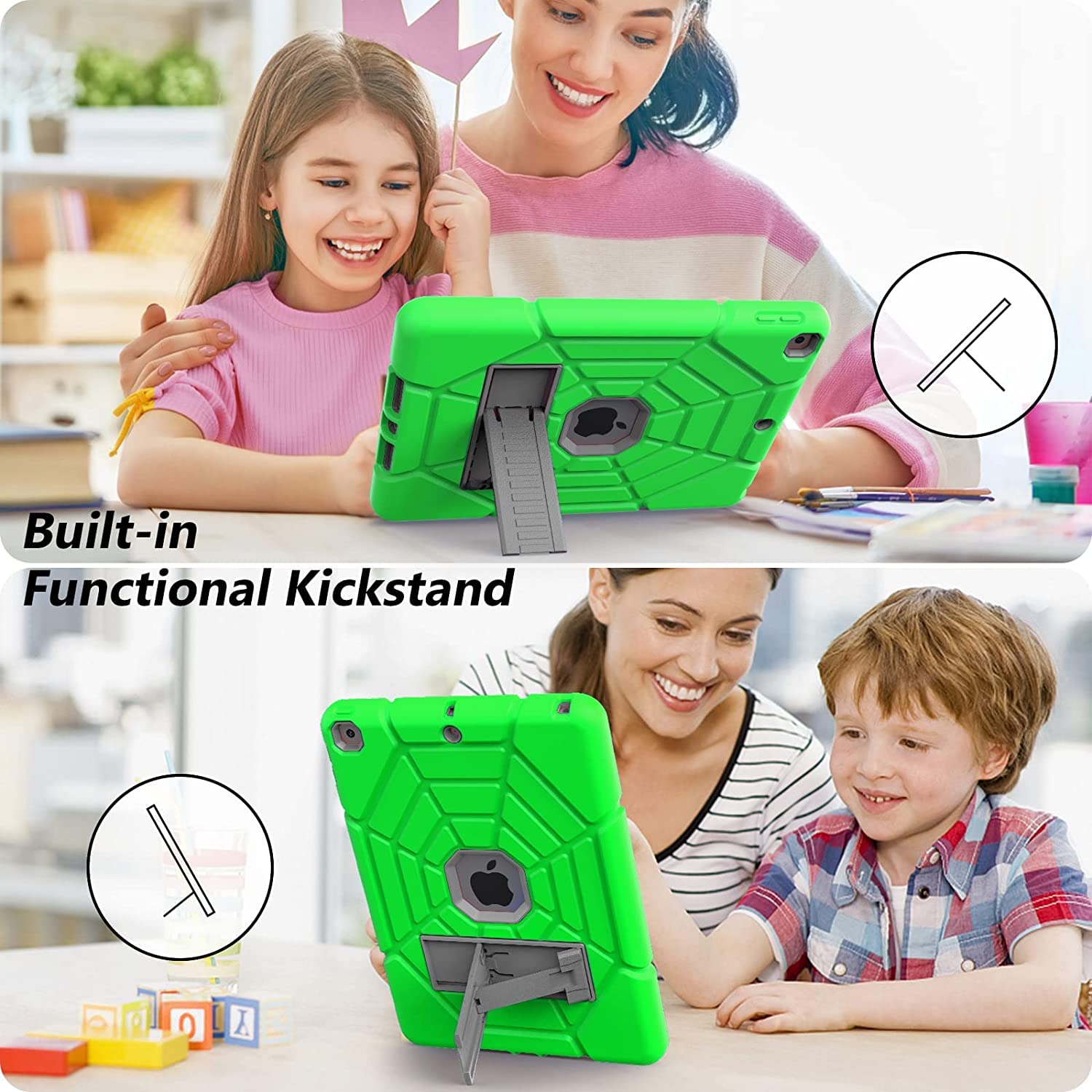Shockproof Rugged Protective Case for iPad 6th/5th Generation (2018/2017) & iPad Air 2 (2014) 9.7 Inch - Heavy Duty Stand Cover for Kids & Boys (Green) - Perfect for School, Travel, and Outdoor Adventures