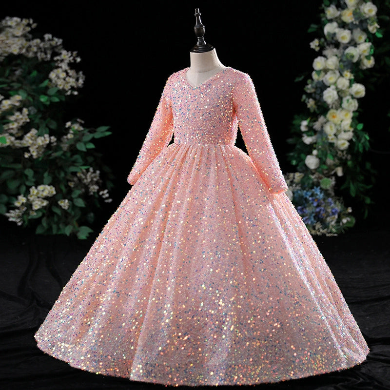 Elegant Baby Girl Long Sleeve Sequined Puff Princess Dress - Toddler Pageant Dress for Birthday Party, Photo Shoot & Special Occasions