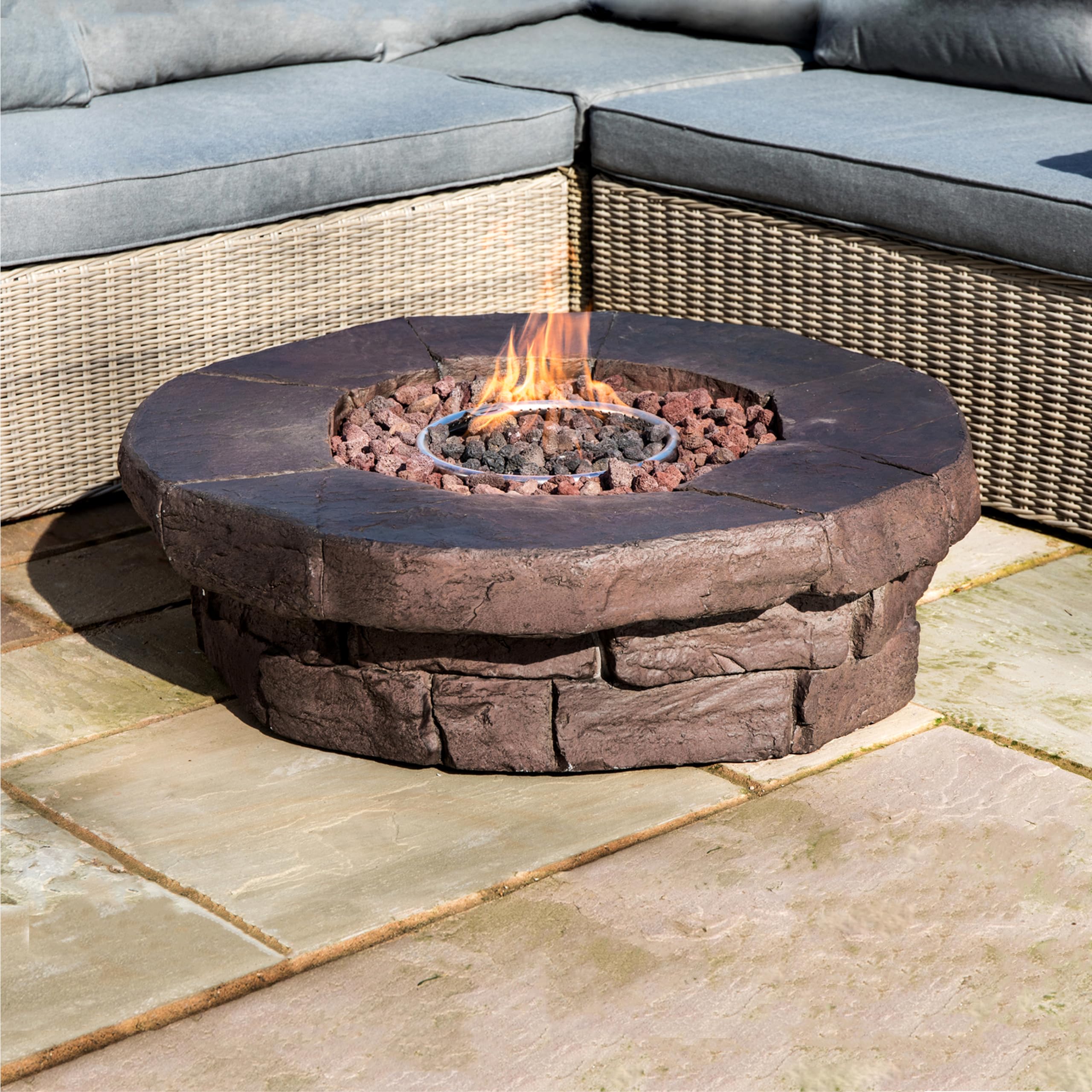 Teamson Home 37.01 Inch Round Outdoor Propane Gas Fire Pit - Faux Stone Finish with Gas Regulator & Weatherproof PVC Cover - Perfect for Patio, Backyard, Garden, or Tailgating Gatherings - Easy Cleanup & Durable Brown Design