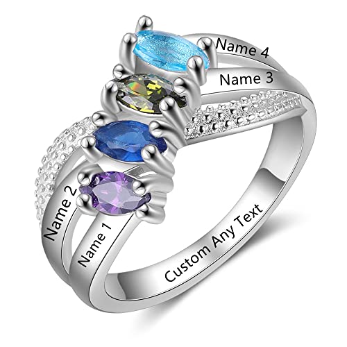 Custom Engraved Mother's Ring with 4 Birthstones - Personalized Name Jewelry Gift for Mom, Grandma & Women - Perfect for Mother's Day, Anniversary & Special Occasions