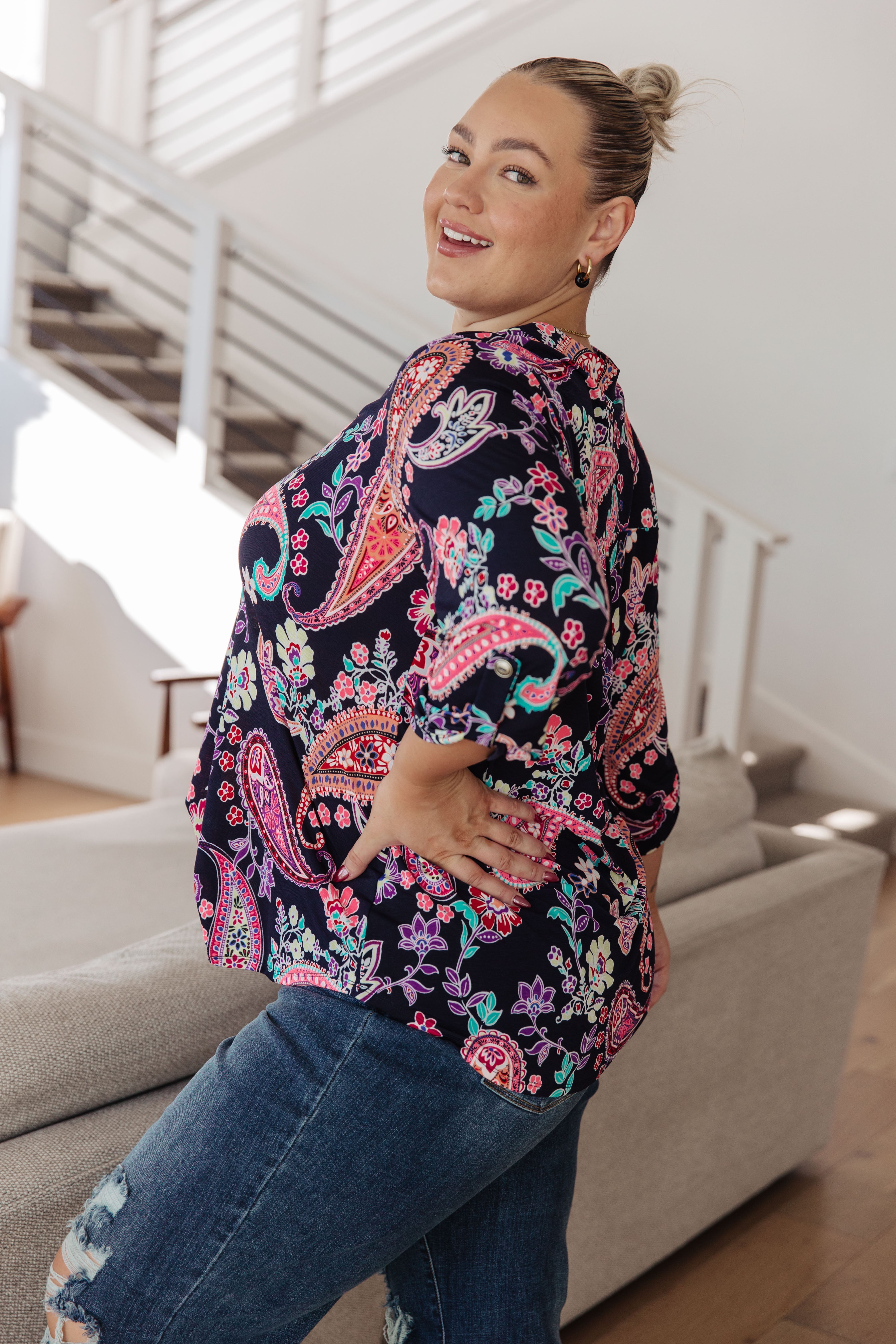 Lizzy Top Women's Navy Paisley Print Blouse - Casual & Office Wear, Perfect for Work, Dates & Everyday Outfits