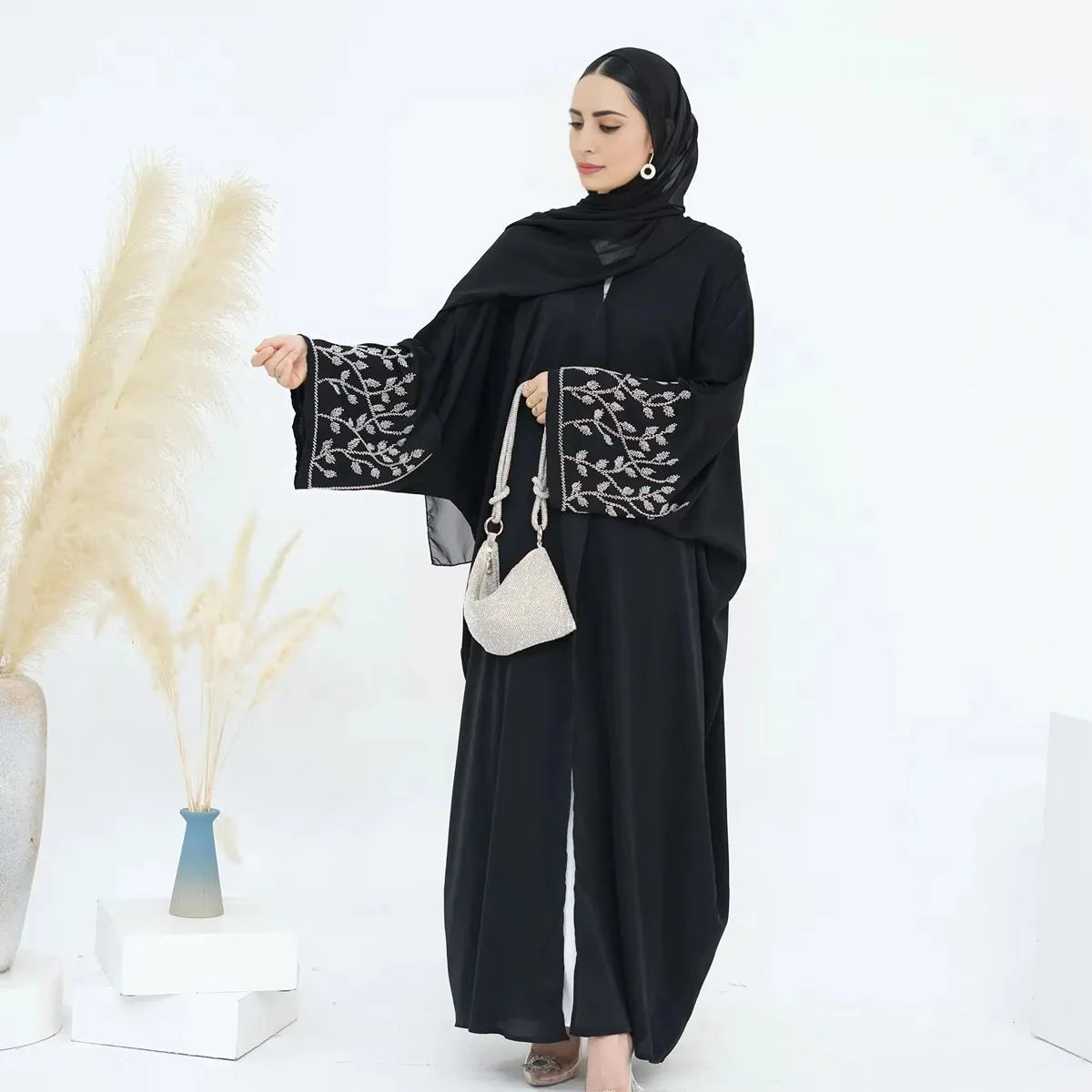 Elegant Beaded Cuff Cardigan Open Abaya Dress #24862 - Boho Chic Muslim Fashion for Women, Perfect for Prayer, Parties & Special Occasions