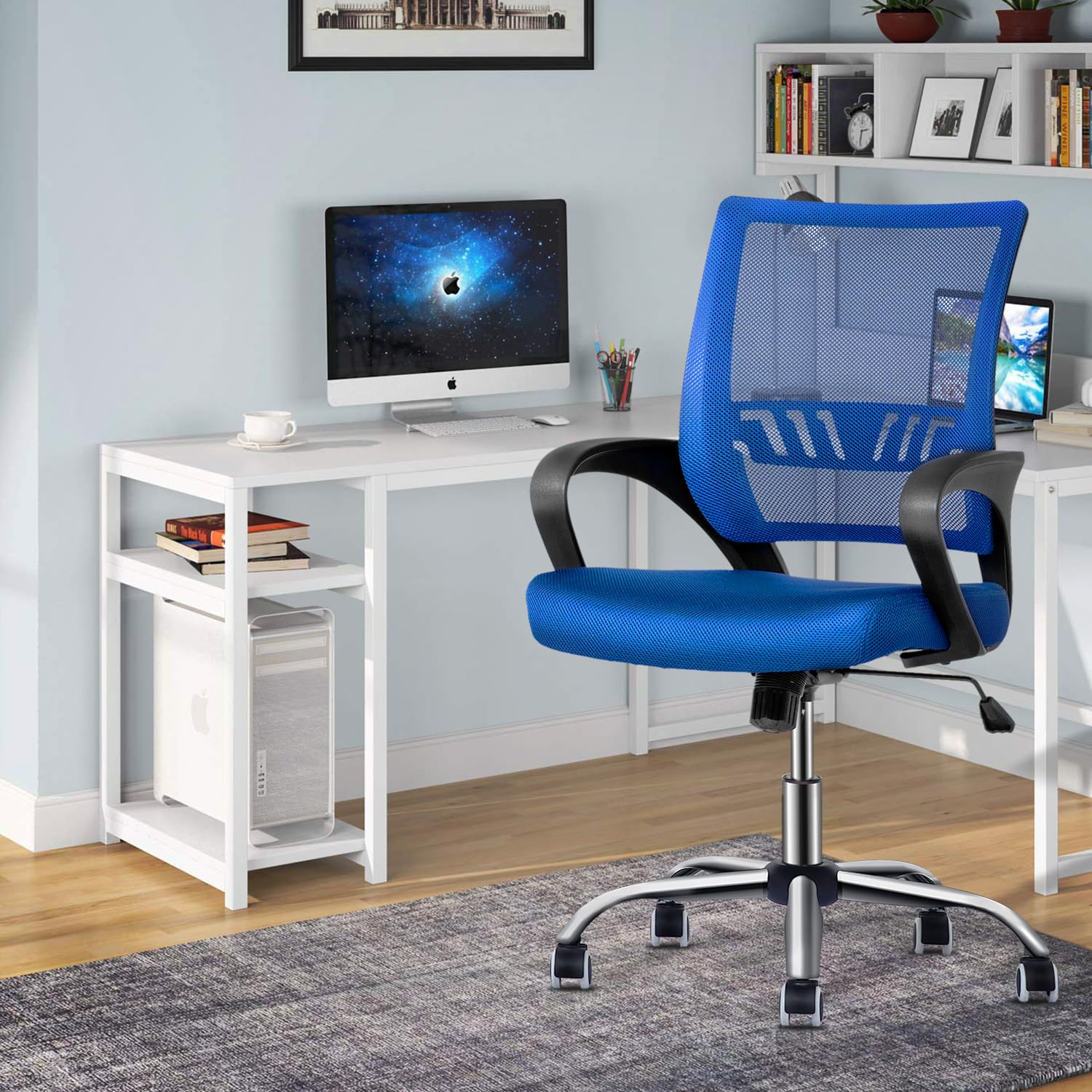Ergonomic Mesh Office Chair with Wheels & Armrest - Adjustable Swivel Computer Chair + Non-Slip Rectangular Chair Mat for Home & Office Workspace - Perfect for Long Hours of Sitting, Gaming, and Remote Work