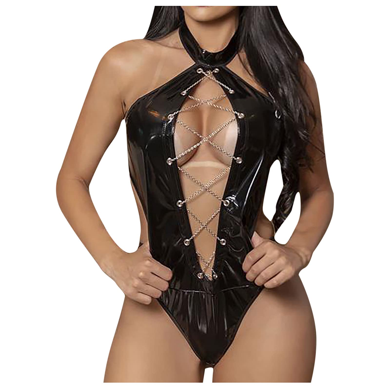 NaRHbrg Women's Sexy Leather Lingerie Set with Black Chain Harness - Perfect for Rave, Party & Boudoir - Stylish Body Jewelry for Women & Girls