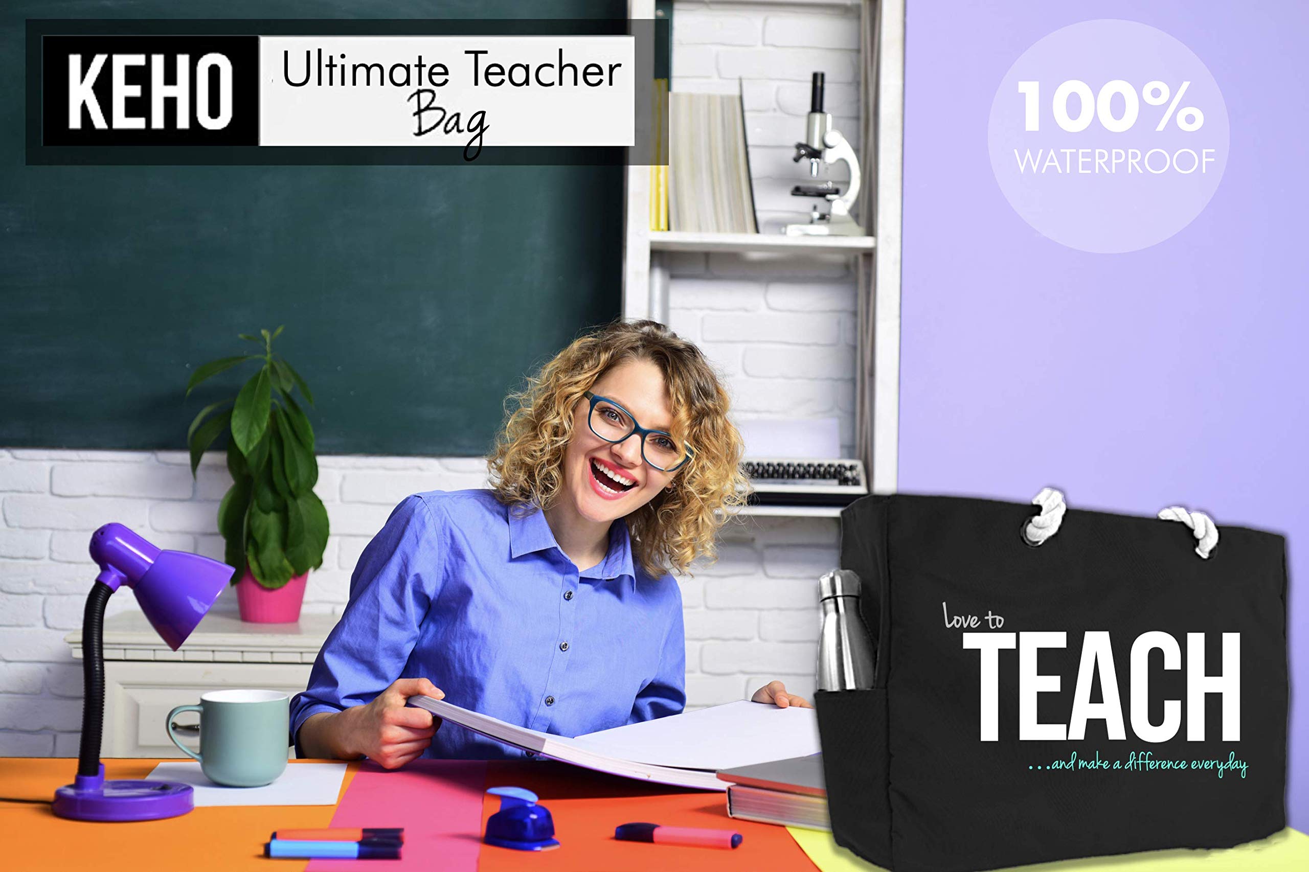 Keho XXL Waterproof Teacher Tote Bag with Multiple Pockets - Large Capacity Work Bag with Comfortable Rope Handles | Perfect Gift for Teacher Appreciation Week, School Supplies & Everyday Commute
