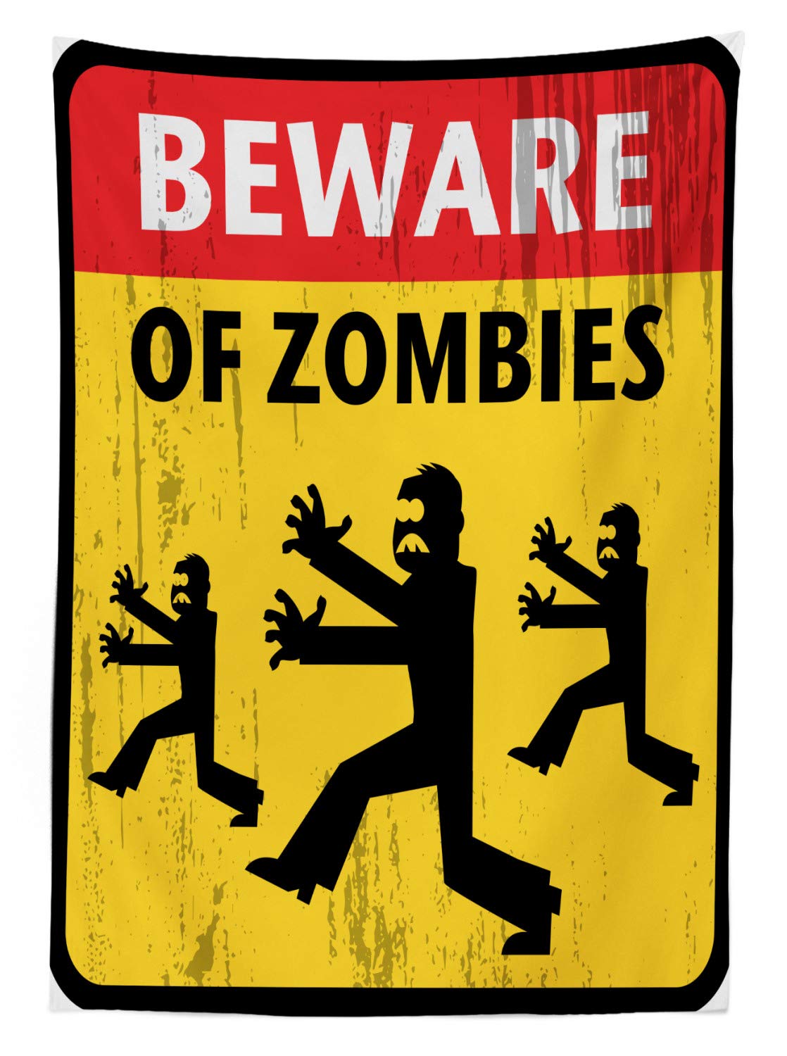 Ambesonne Zombie Themed Outdoor Tablecloth - Beware of The Zombies Fiction Humor Sign Warning Emblem - Modern Graphic Art Design - Waterproof Washable Picnic Table Cover - 58x120 Inches - Yellow Black Red - Perfect for Halloween Parties, Horror Themed Events & Outdoor Gatherings