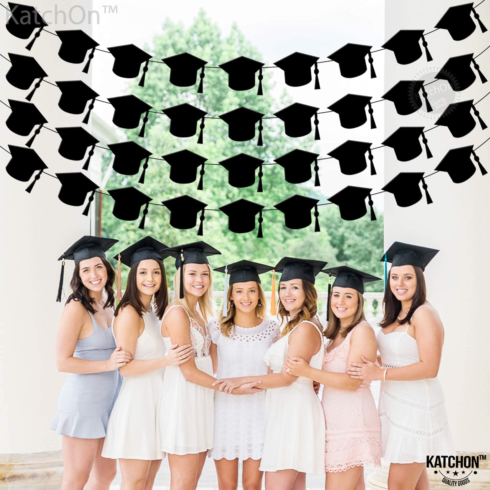 KatchOn Black Felt Graduation Cap Garland - 4 String | Class of 2025 Graduation Party Decorations, Graduation Ceremony & Photo Backdrop Decor | Perfect for High School, College Graduation Celebrations & Commencement Parties