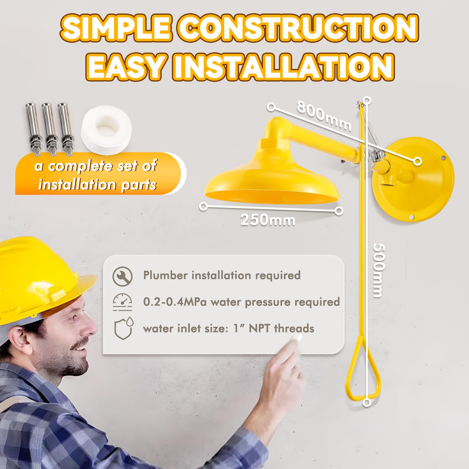 CGOLDENWALL Emergency Safety Shower Station - Horizontal Mount 304 Stainless Steel & ABS Drench Head with 1