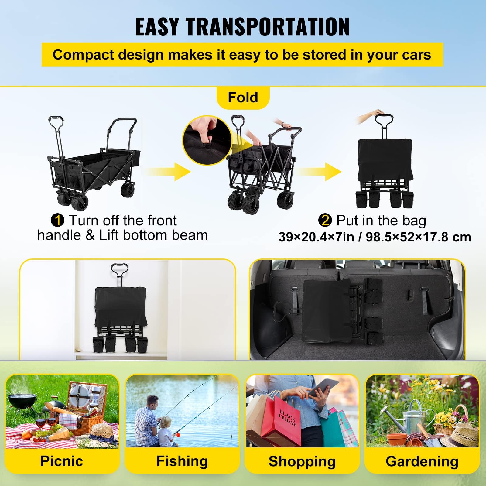 VEVOR Heavy Duty Collapsible Wagon with Removable Canopy - 220lbs Capacity Foldable Utility Cart with Large All-Terrain Wheels & Adjustable Push/Pull Handles - Perfect for Beach Trips, Camping, Grocery Shopping & Outdoor Adventures