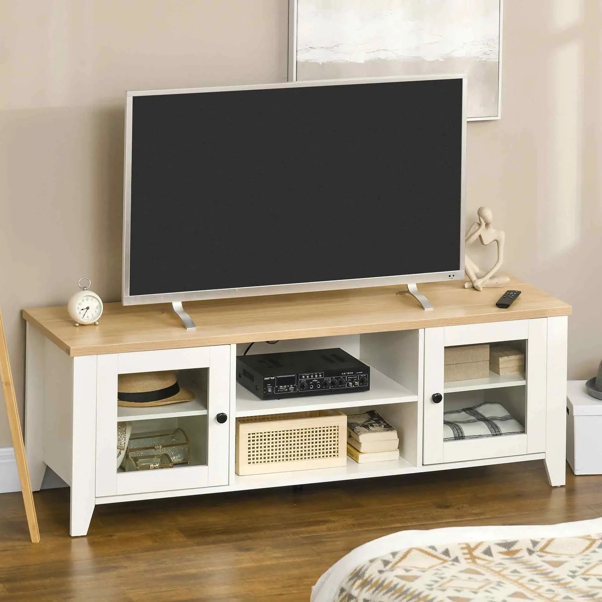 Modern TV Stand for Up to 60 Inch TVs - Sturdy Wooden Entertainment Center with Storage Shelf (Black/White/Walnut) - Perfect for Living Room, Bedroom & Home Theater Setup