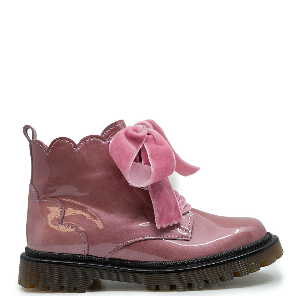 Pink Patent Leather Scalloped Velvet Lace Ankle Booties for Women - Elegant Dress Shoes for Parties, Weddings & Special Occasions
