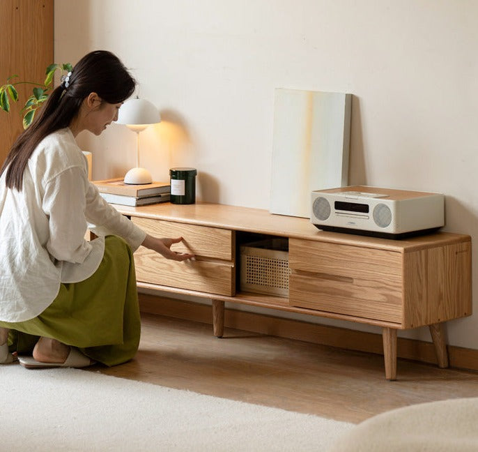 Solid Oak Wood TV Stand with Sliding Doors - Rustic Modern Entertainment Center for Living Room, Bedroom & Home Theater