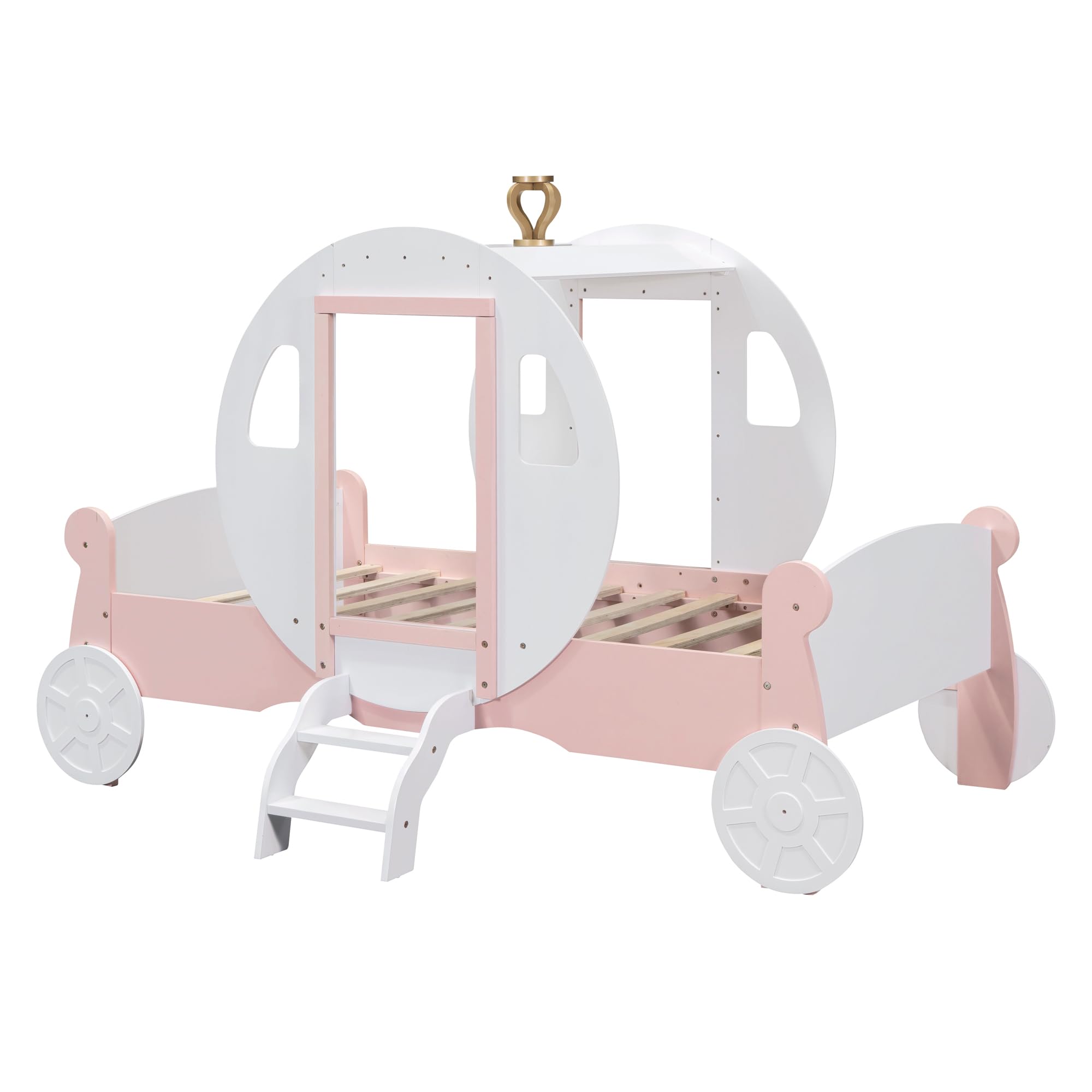 **Princess Carriage Bed for Girls - Twin Size Wooden Platform Bed with Crown & Stairs, White & Pink - Perfect for Kids' Bedroom, Fairy Tale Themed Room & Sleepover Fun**