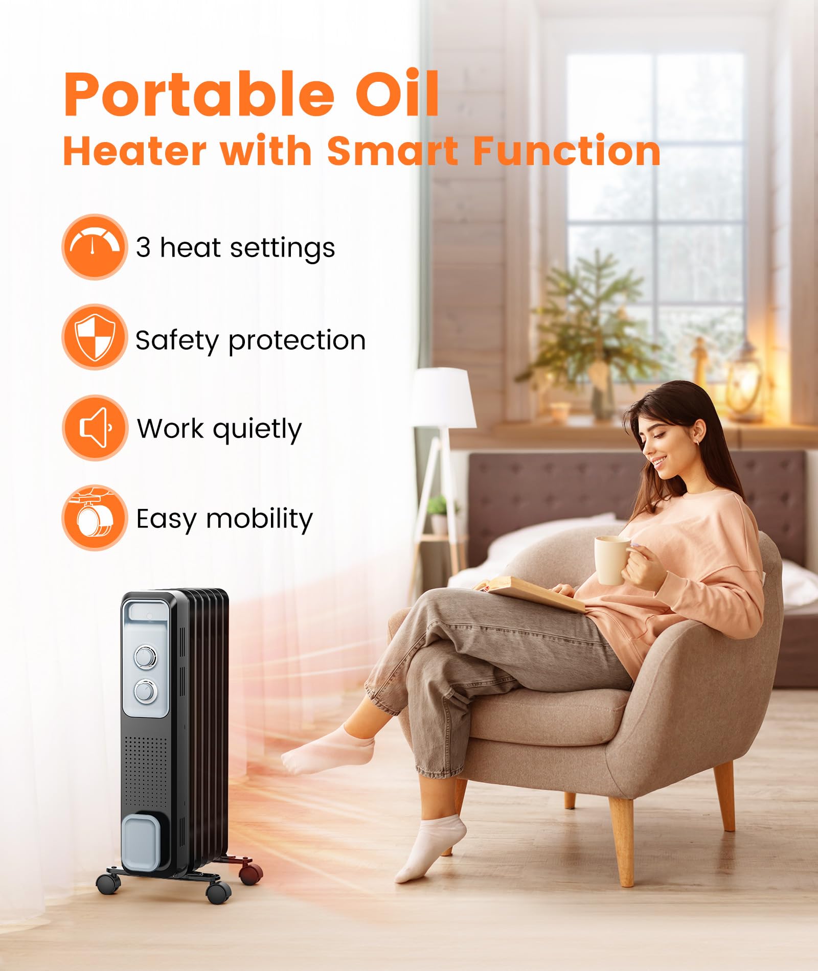 Joy Pebble Oil Filled Radiator Heater - 1200W Portable Electric Space Heater with 1S Rapid Heat, 3-Level Adjustable Thermostat, Tip-Over & Overheat Protection, 4 Wheels & Handle - Perfect for Bedroom, Office & Home Use in Winter