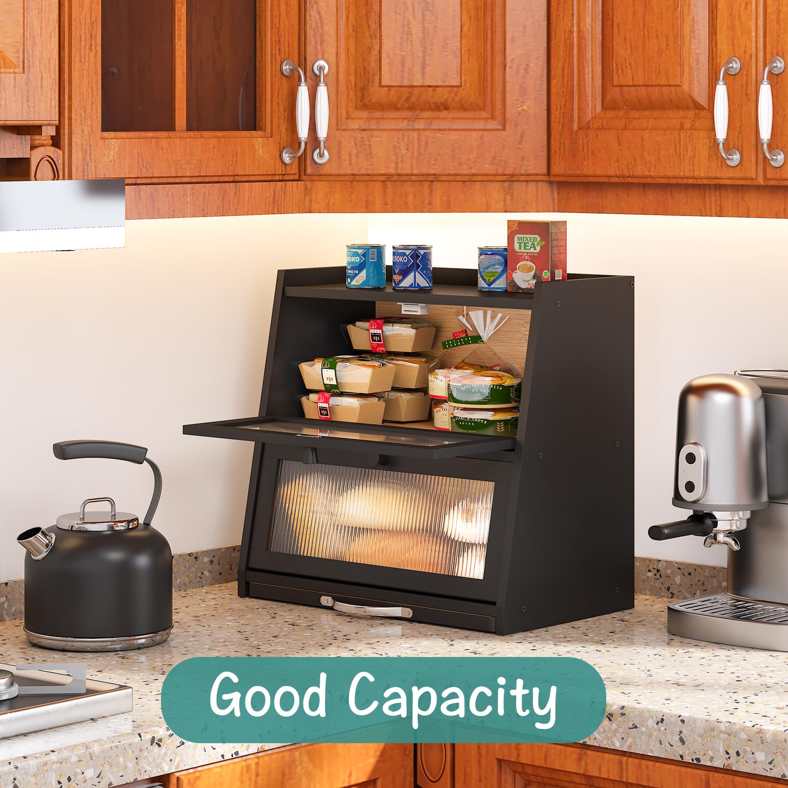 Black Bamboo Bread Box with Acrylic Wavy Door & Built-in Cutting Board - Large Capacity Kitchen Counter Bread Storage Bin for Fresh Bread, Baguettes, Pastries - Perfect for Bakeries, Restaurants & Home Kitchens