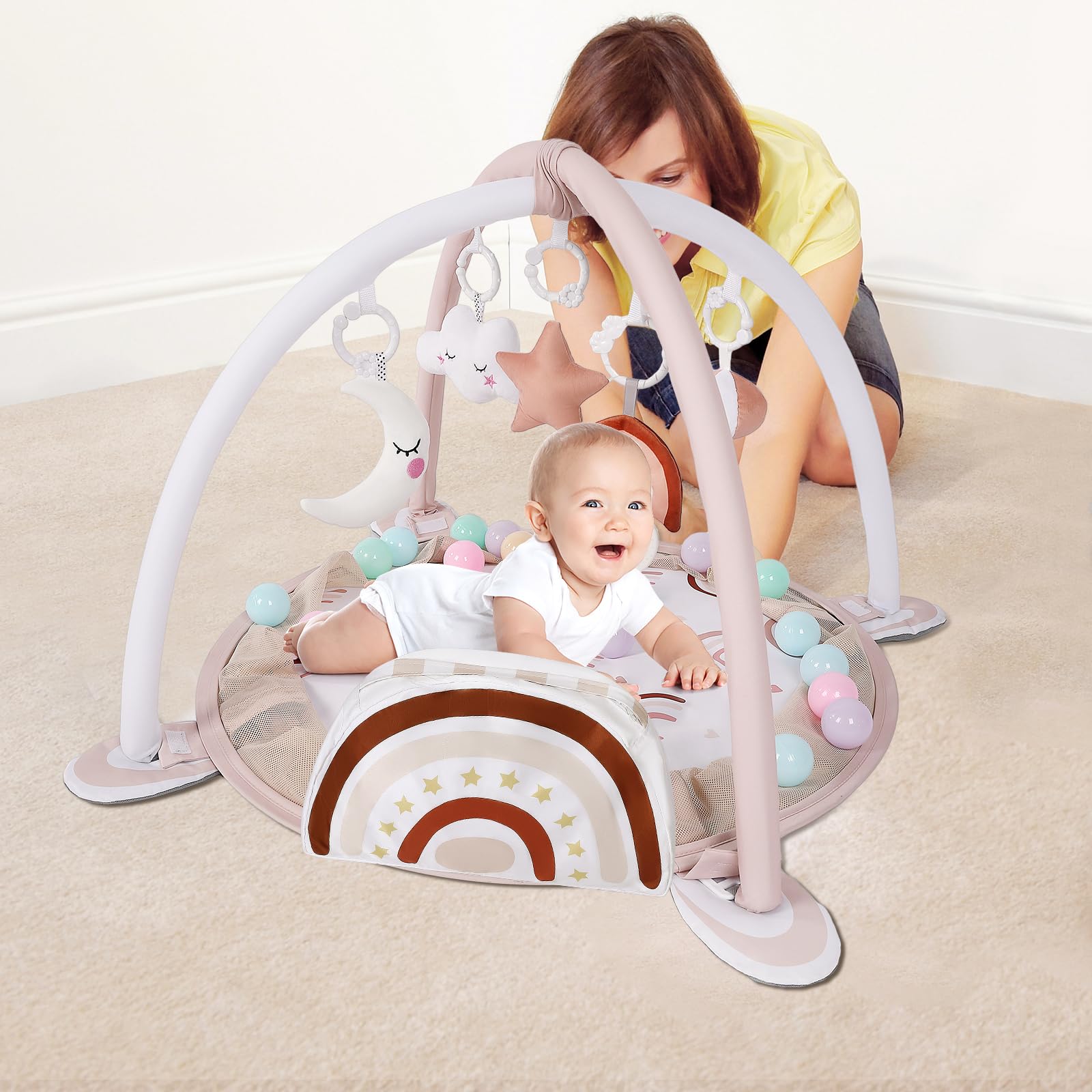 4-in-1 Baby Play Mat with Gym & 30 Balls - Tummy Time Activity for Newborns & Toddlers - Rainbow Gift Set