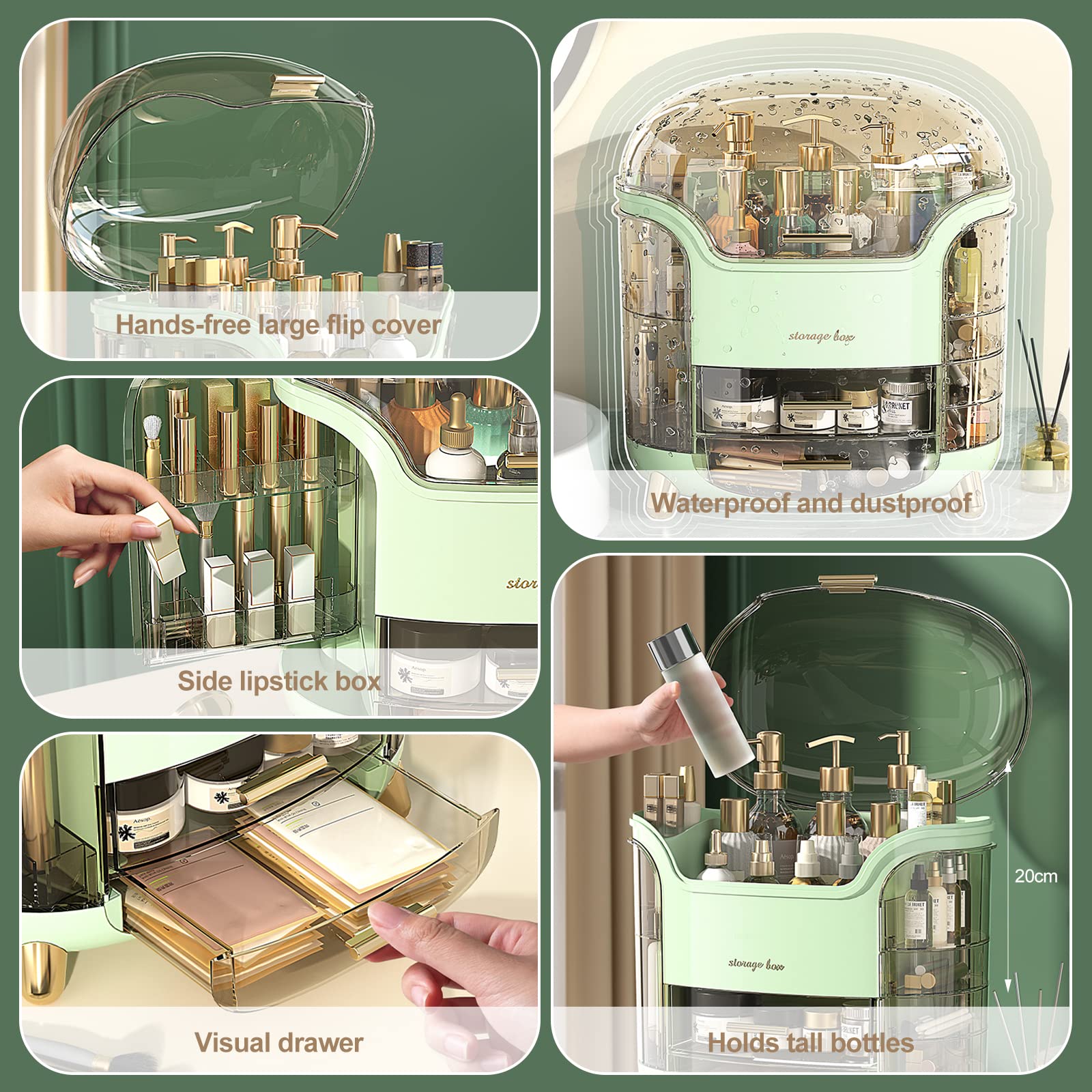 Galatée Large Capacity Makeup Organizer - Multifunctional Jewelry & Lipstick Storage Box (Green) for Travel & Home