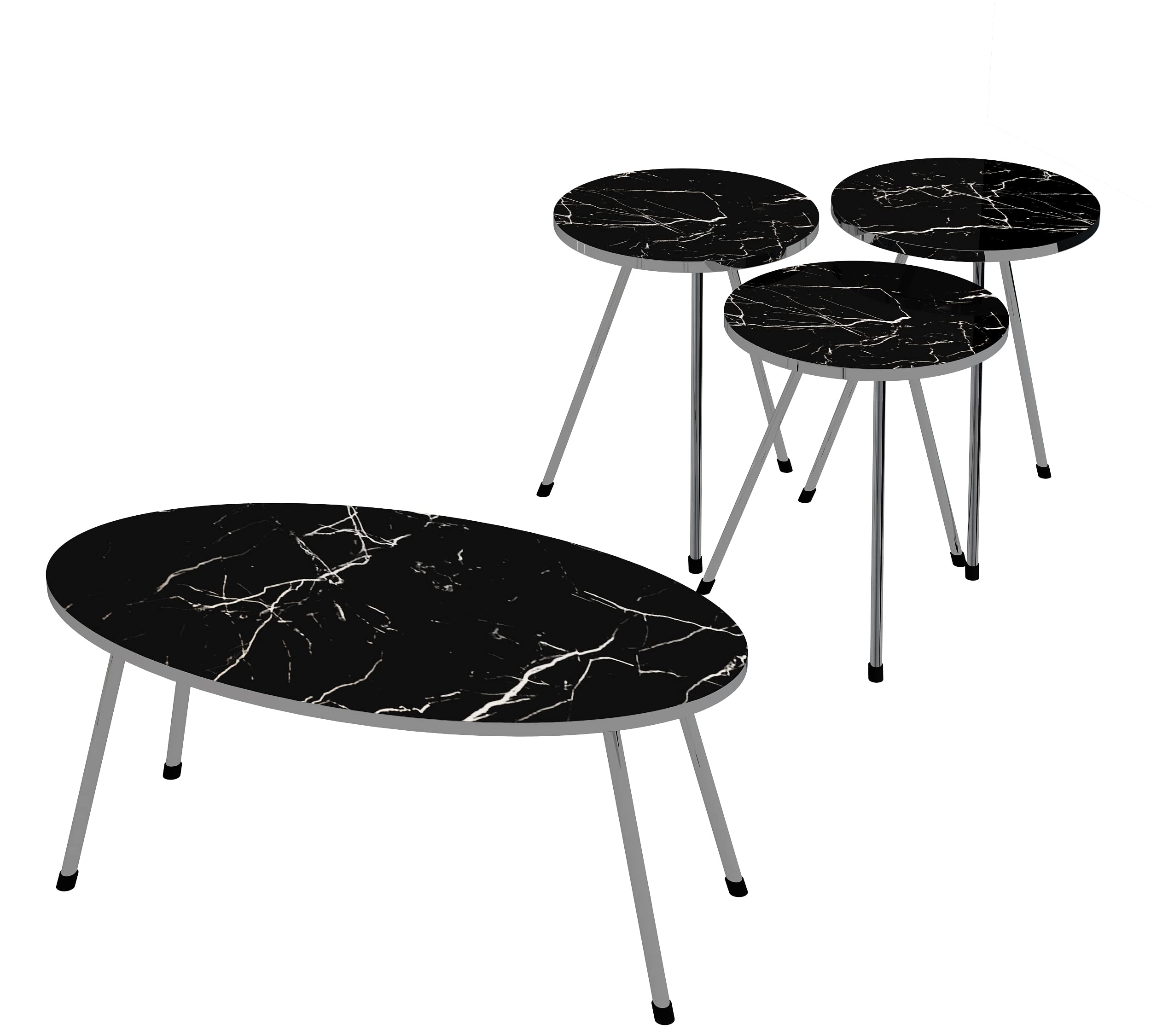 4 Piece Living Room Table Set - 1 Coffee Table & 3 Nesting Tables, No-Tools Assembly, Black Marble/Gray Finish, Ellipse Coffee Table with Round Side Tables - Perfect for Small Spaces, Apartment Decor & Modern Home Furniture