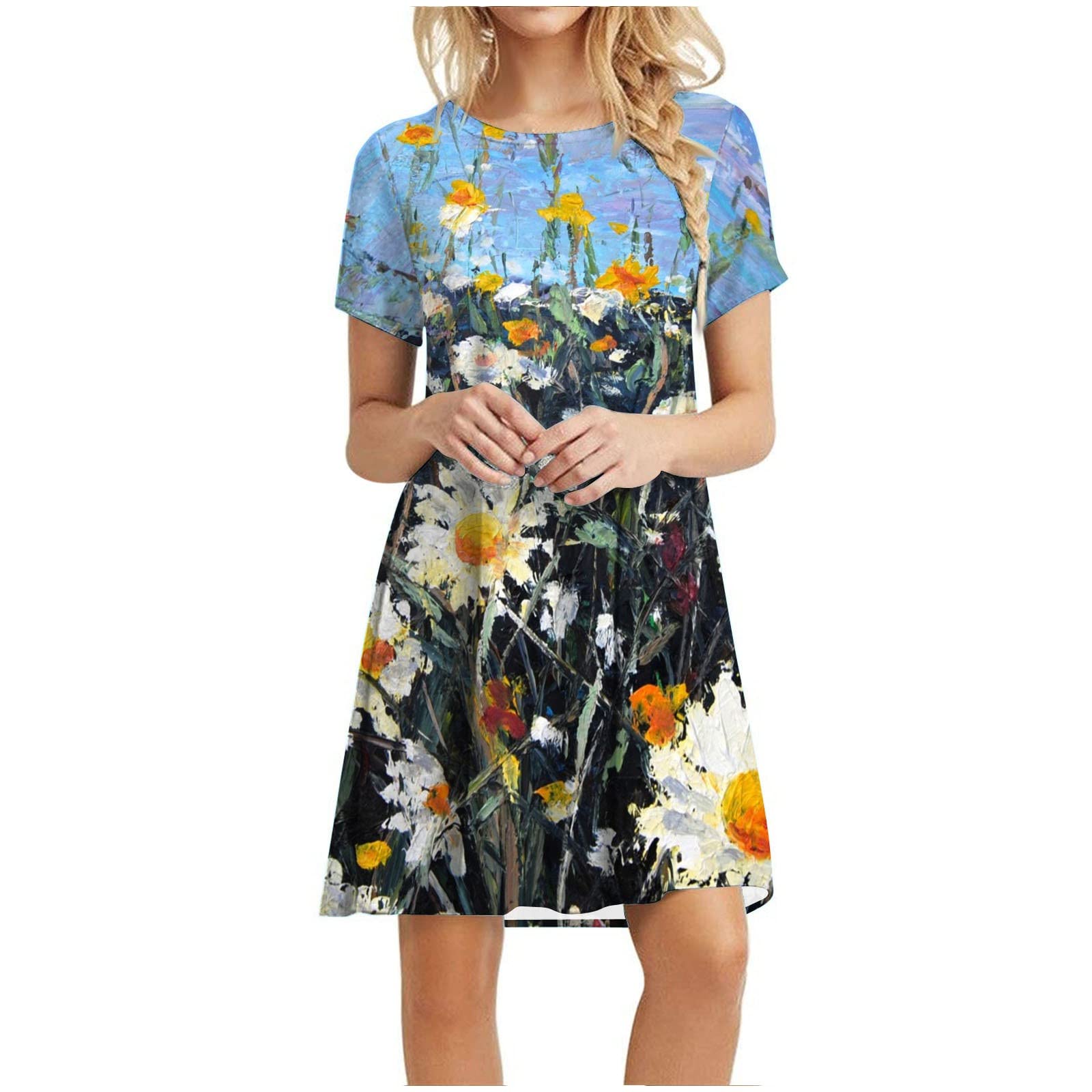 Ylioge Floral Summer Dress for Women & Girls - Matching Mom and Daughter Outfits, Short Sleeve Crewneck Swing Dress, Casual Beach Midi Dress - Perfect for Family Photos, Vacations & Outdoor Activities