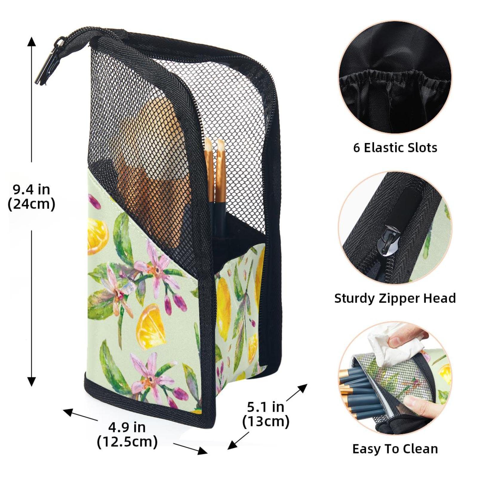 12-Piece Makeup Brush Organizer Bag with Watercolor Lemon Leaf Design - Portable Cosmetic Brush Holder Case for Travel, Home & Professional Makeup Artists